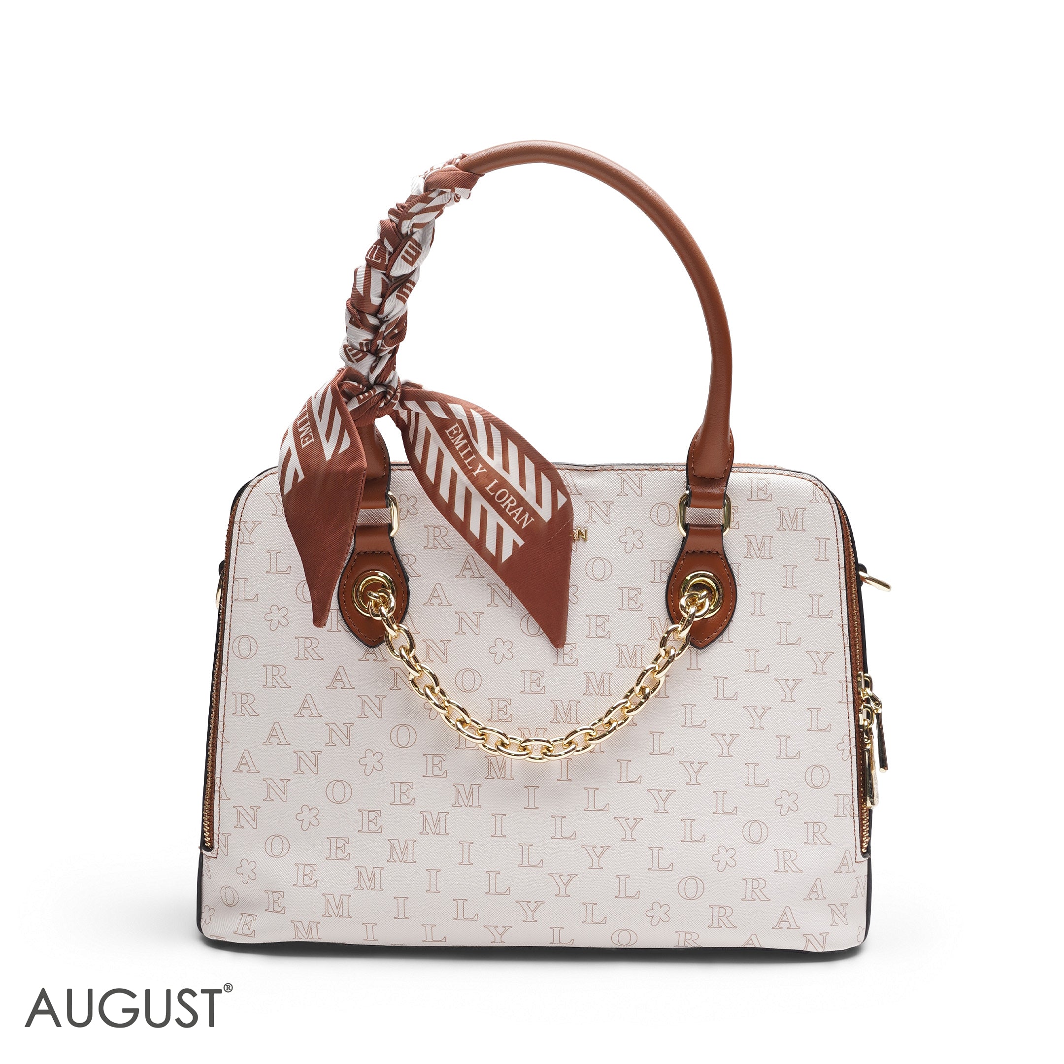 WHITE EMILY LETTER PRINT SATCHEL BAG WITH SCARF ACCENT - MED