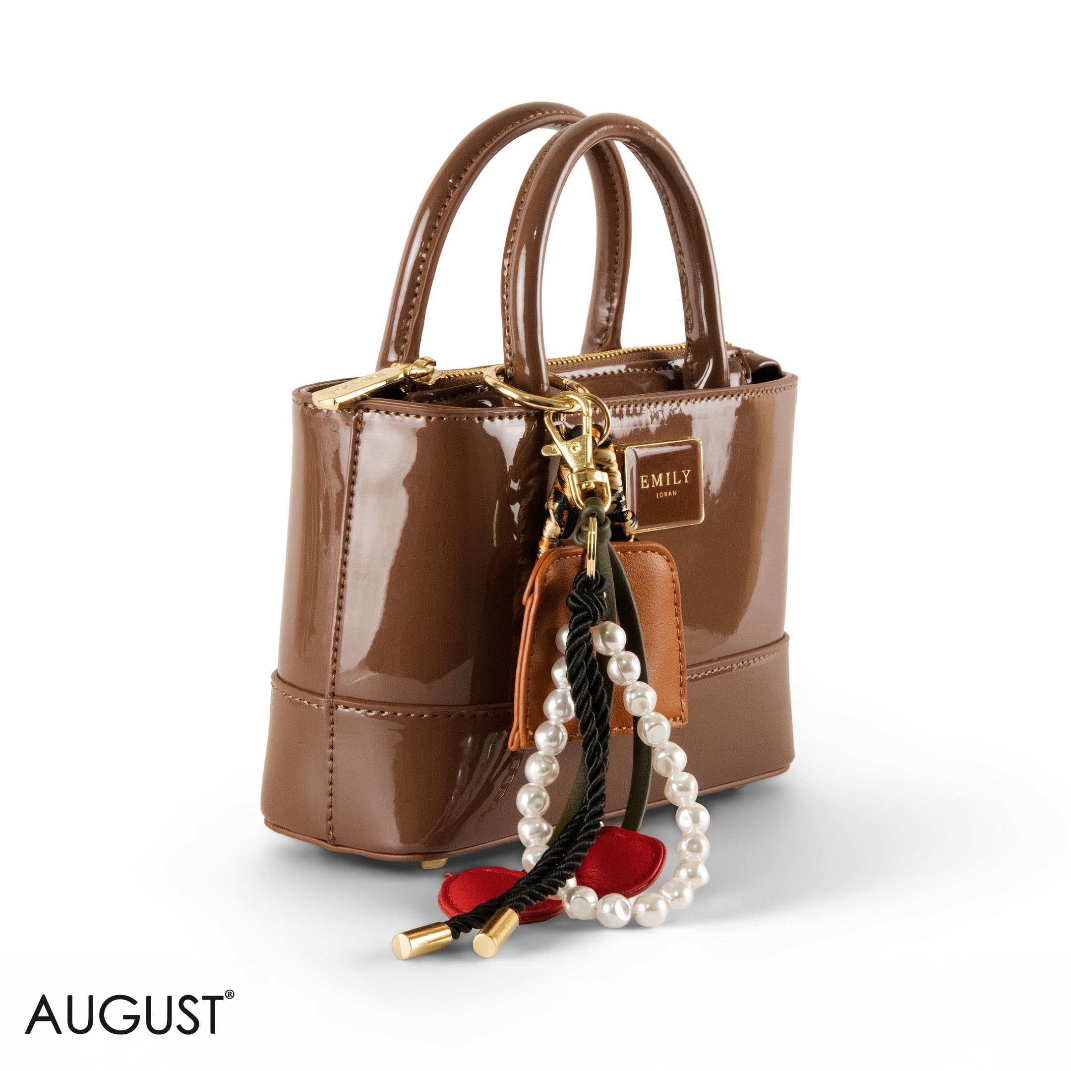 BROWN GLOSSY LEATHER HANDBAG WITH ACCESSORIES- SMALL