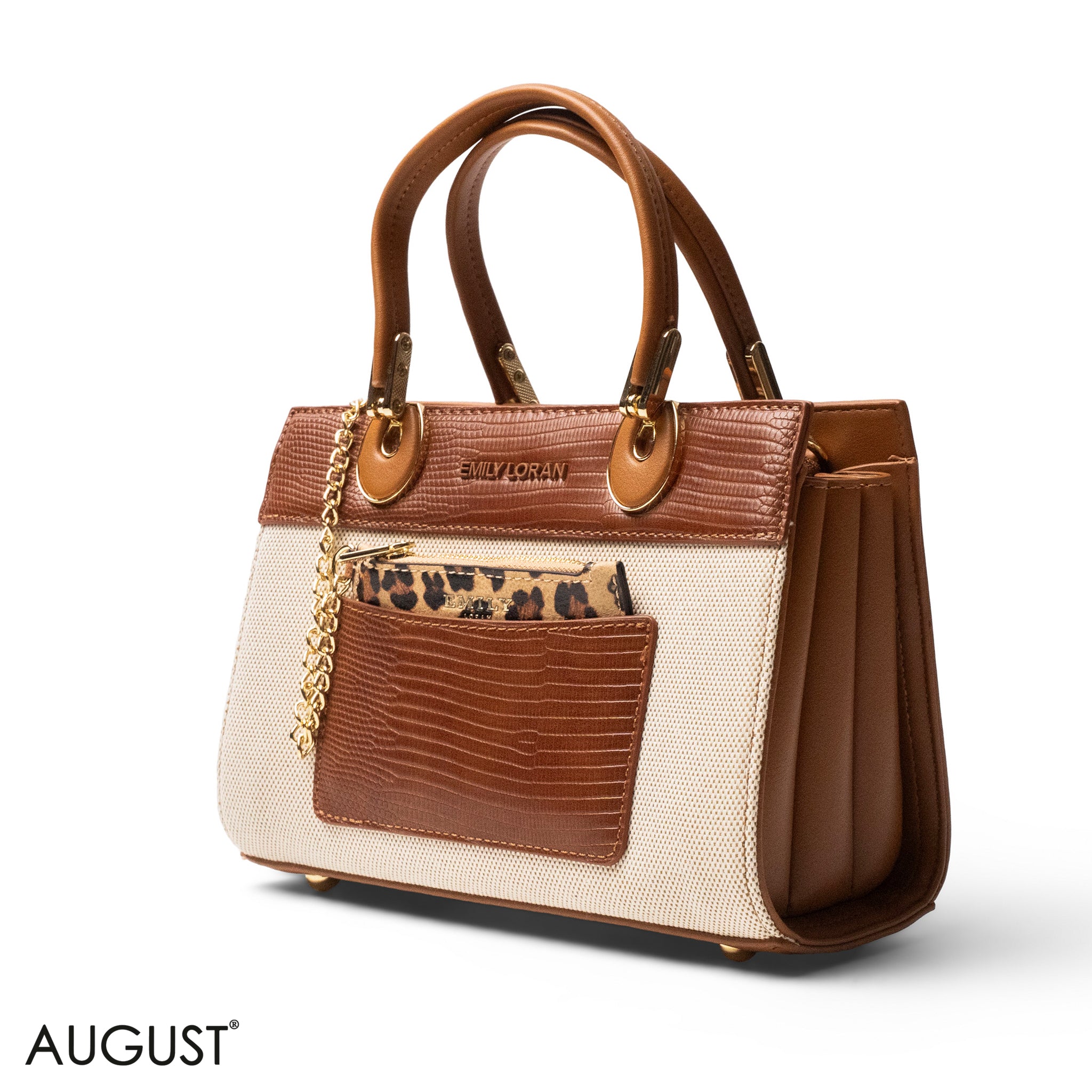 BROWN LEATHER SMOOTH HANDBAG WITH CROC DETAILS-SMALL