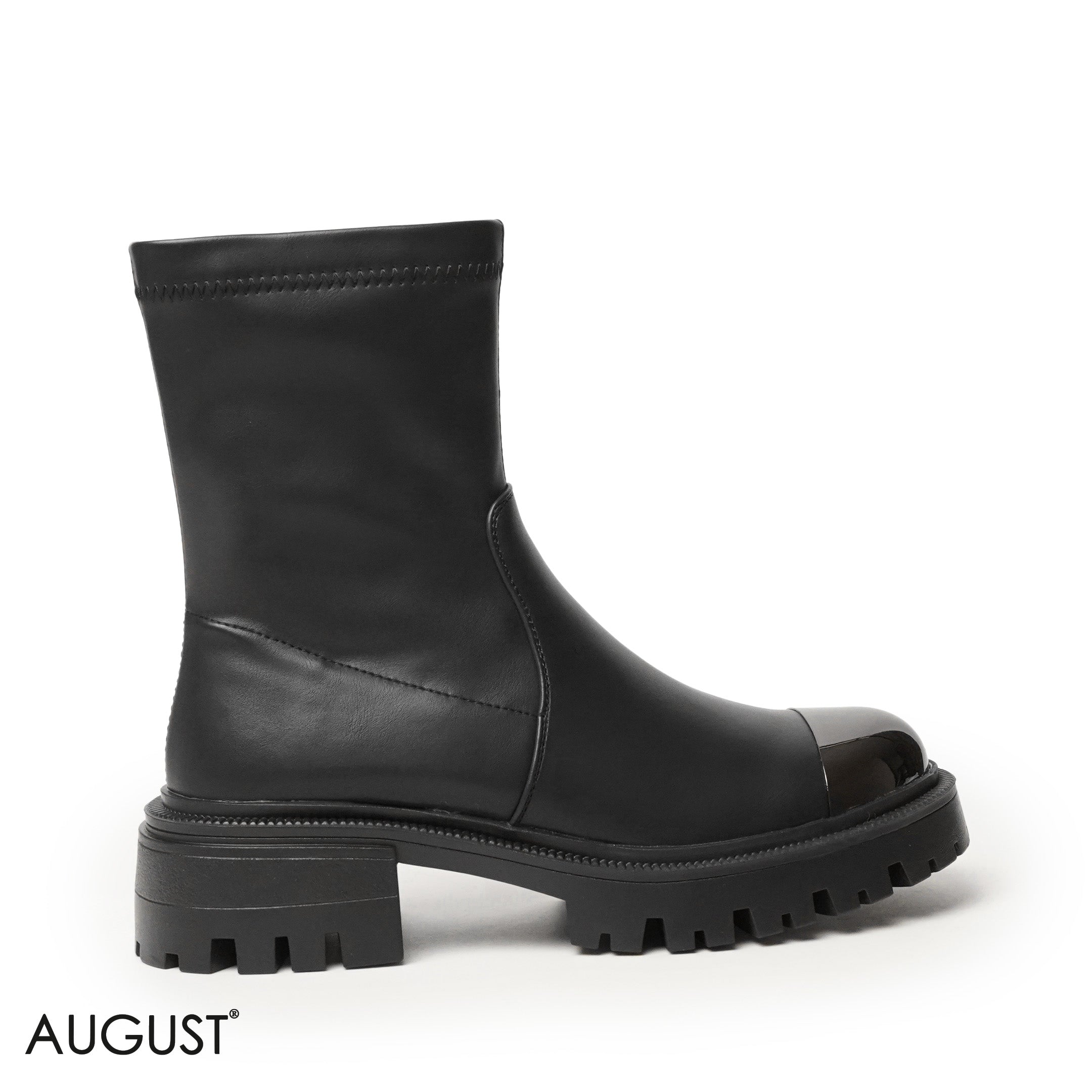 BLACK LEATHER ANKLE BOOTS WITH METALLIC TOE DESIGN