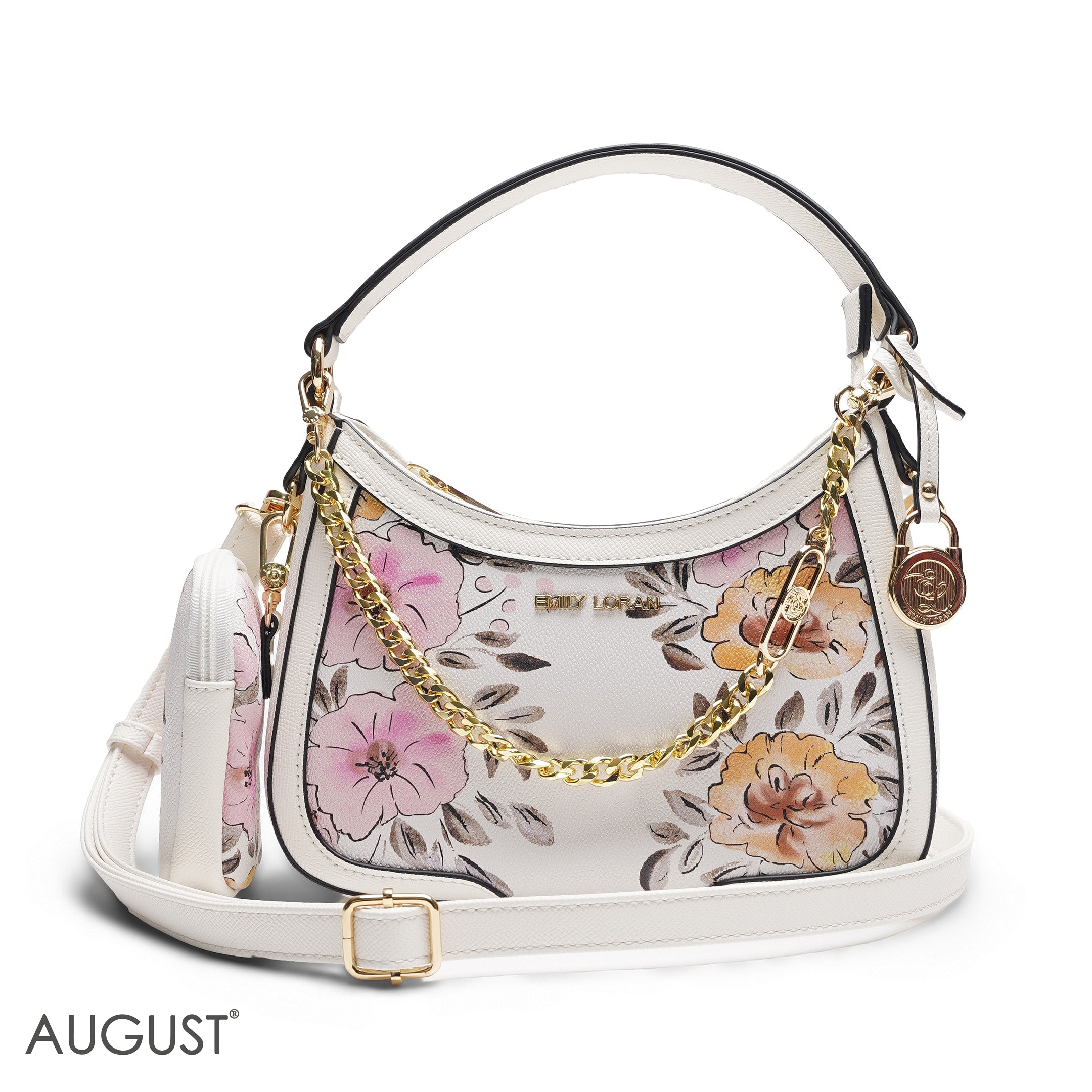 WHITE FLORAL HOBO BAG WITH SIDE POUCH (PINK & ORANGE)