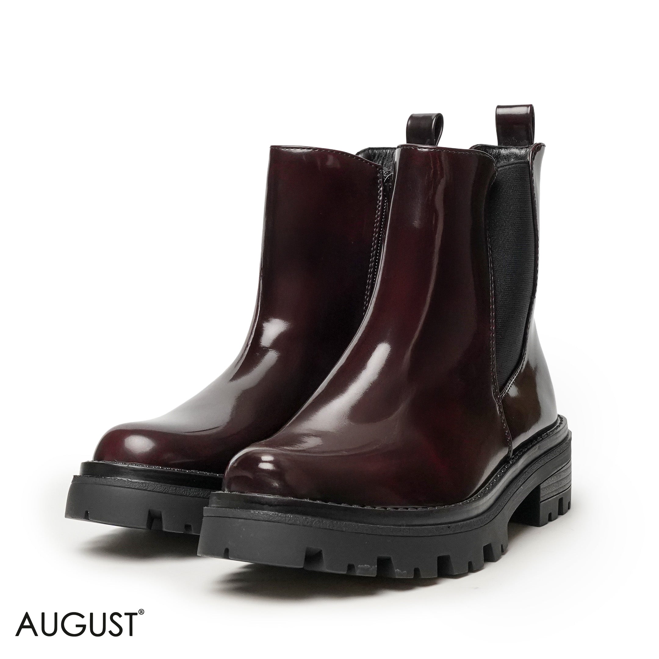 GLOSSY LEATHER ANKLE BOOTS WITH ELASTIC FABRIC