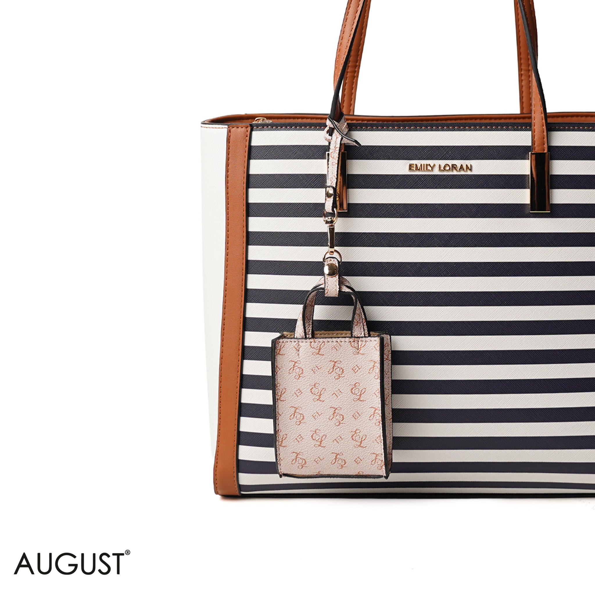 STRIPED NAVY SHOULDER BAG WITH SIMPLE BUFF DETAIL - LARGE