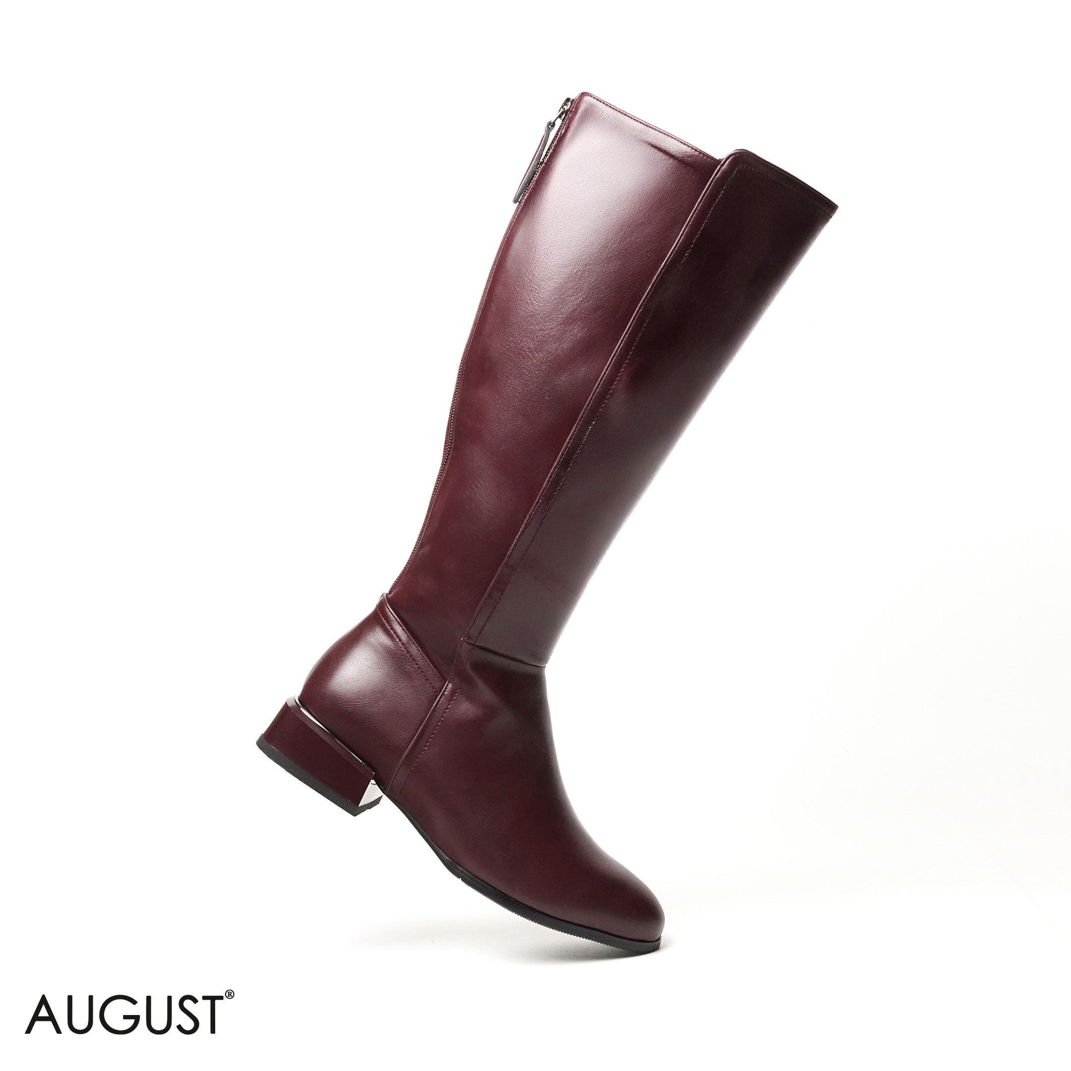 MAROON LEATHER LONG BOOTS WITH BACK ZIPPER