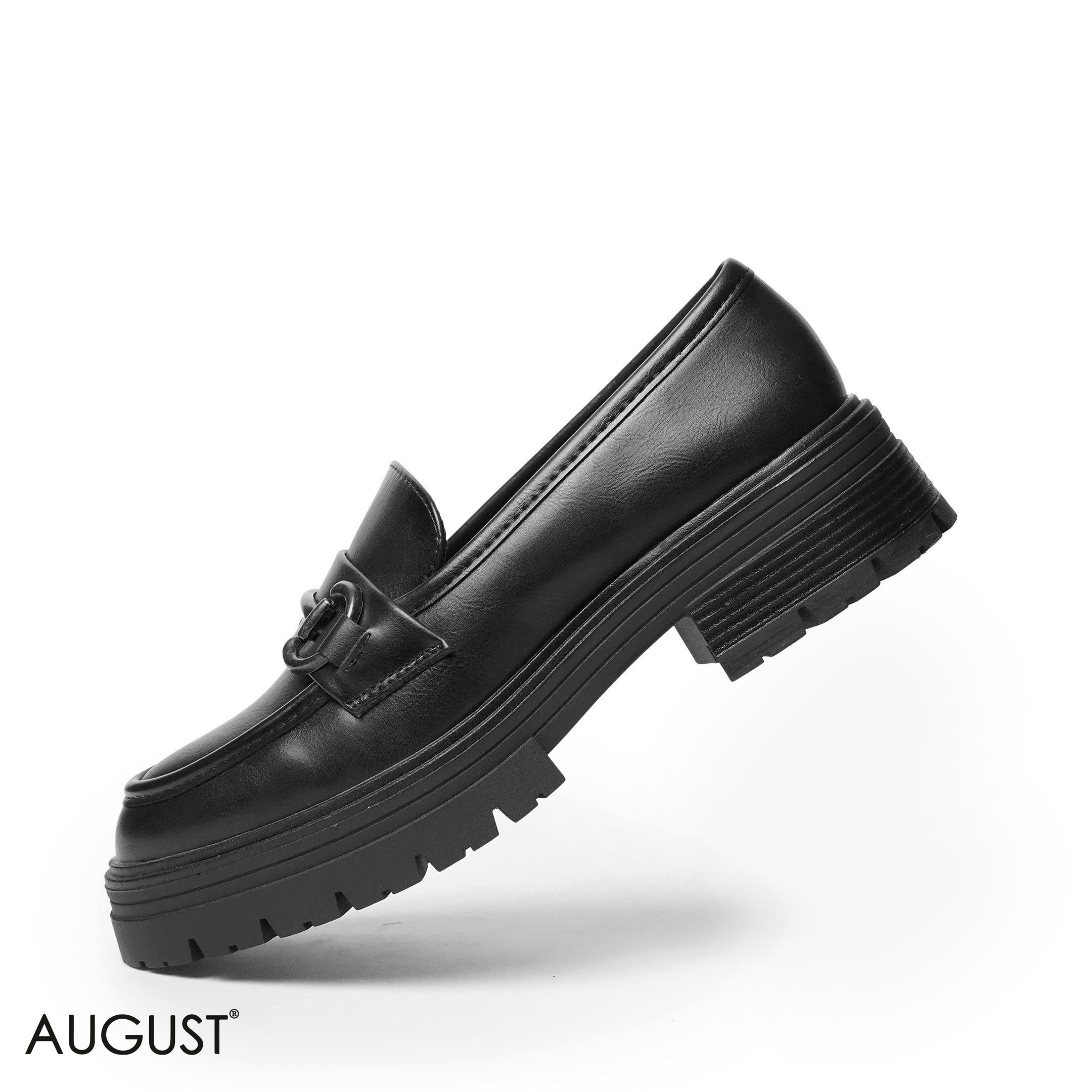 BLACK LEATHER LOAFERS WITH METAL CHAIN