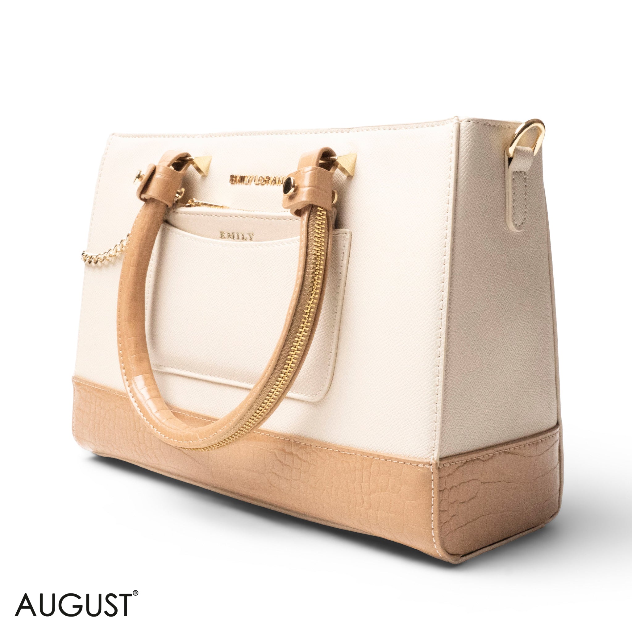 BEIGE LEATHER SMOOTH HANDBAG WITH CROC DETAILS-LARGE