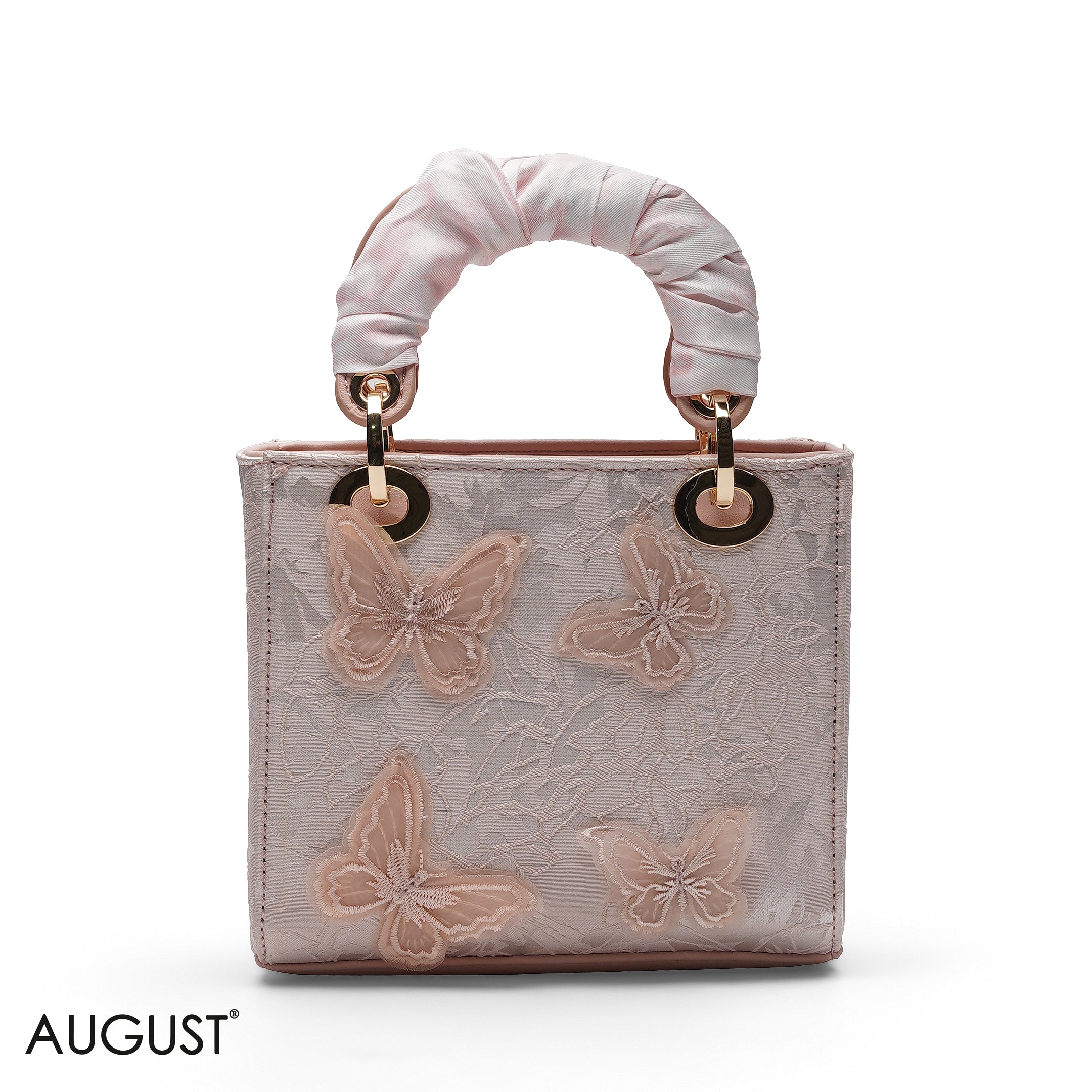 PEACH BUTTERFLY EMBROIDERED LACE TOTE BAG