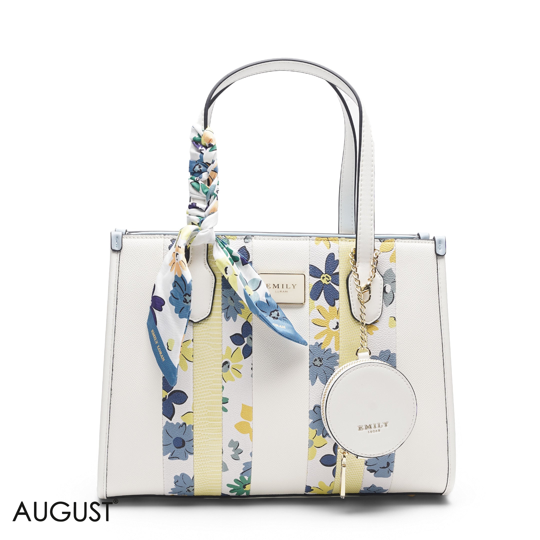 WHITE TOTE WITH BLUE & YELLOW ACCENTS - LARGE