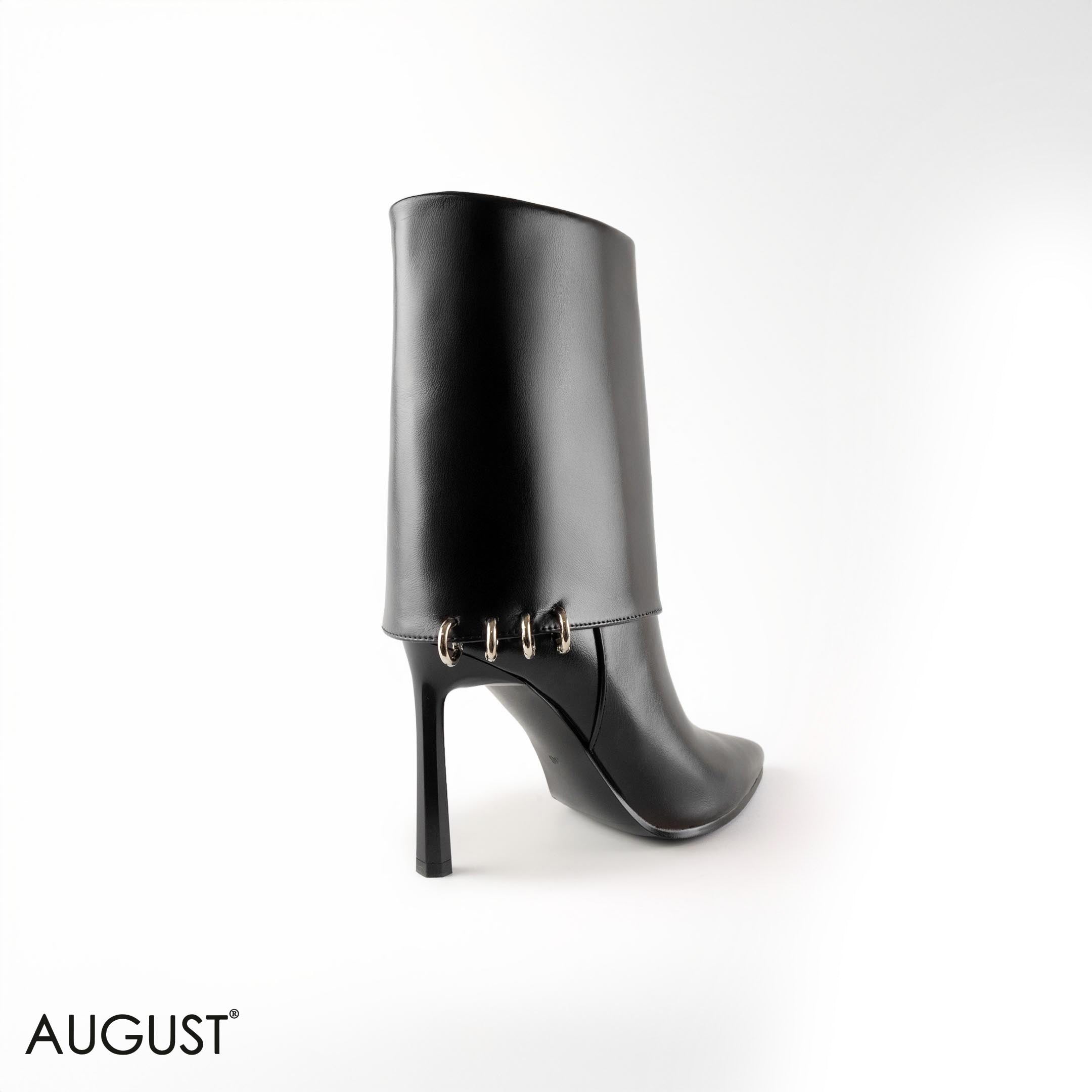 BLACK LEATHER STILETTOS HEELED BOOTS WITH METAL- RINGS DETAIL