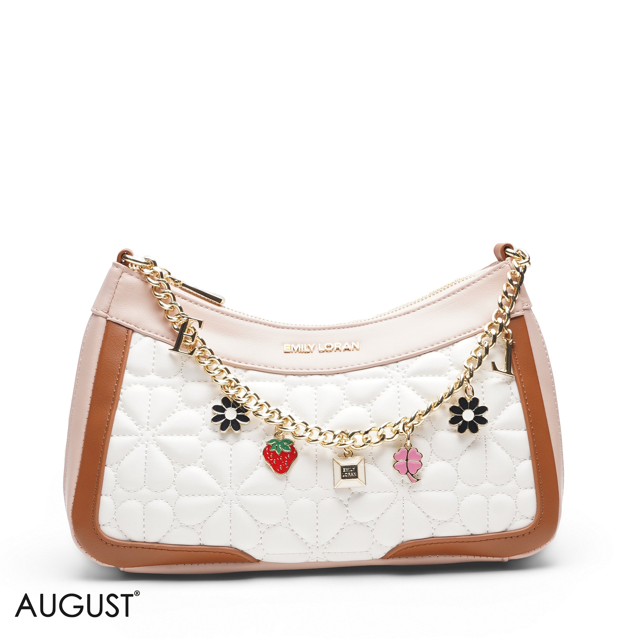 WHITE FLORAL SHOULDER BAG WITH CHAIN STRAP - MED