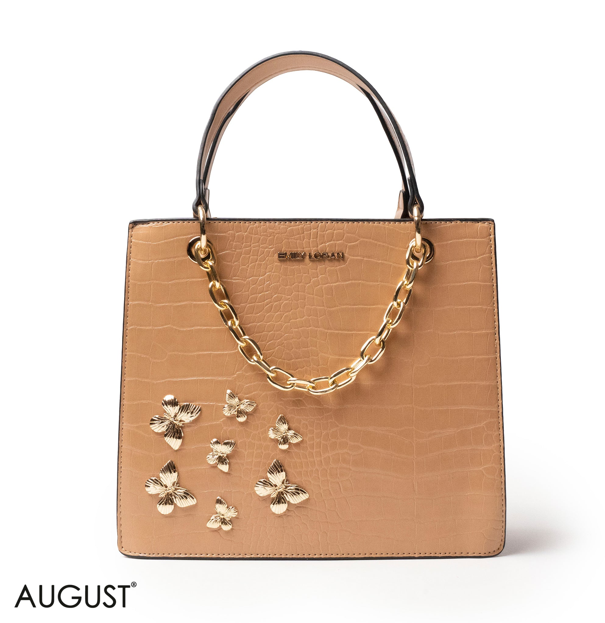 BEIGE LEATHER HANDBAG WITH METAL CHAIN,BUTTERFLIES - MED