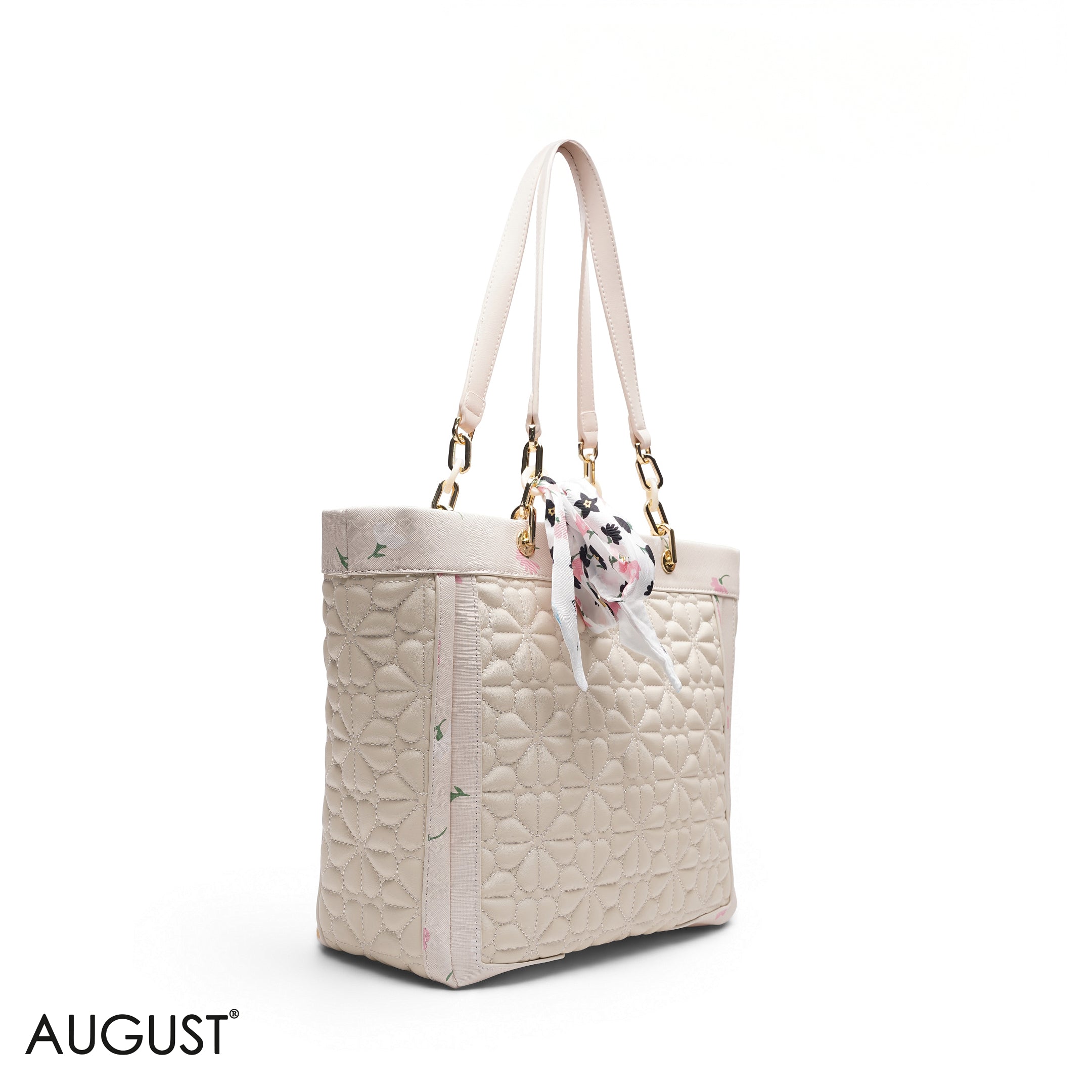 BEIGE TOTE BAG WITH FLORAL SCARF - LARGE