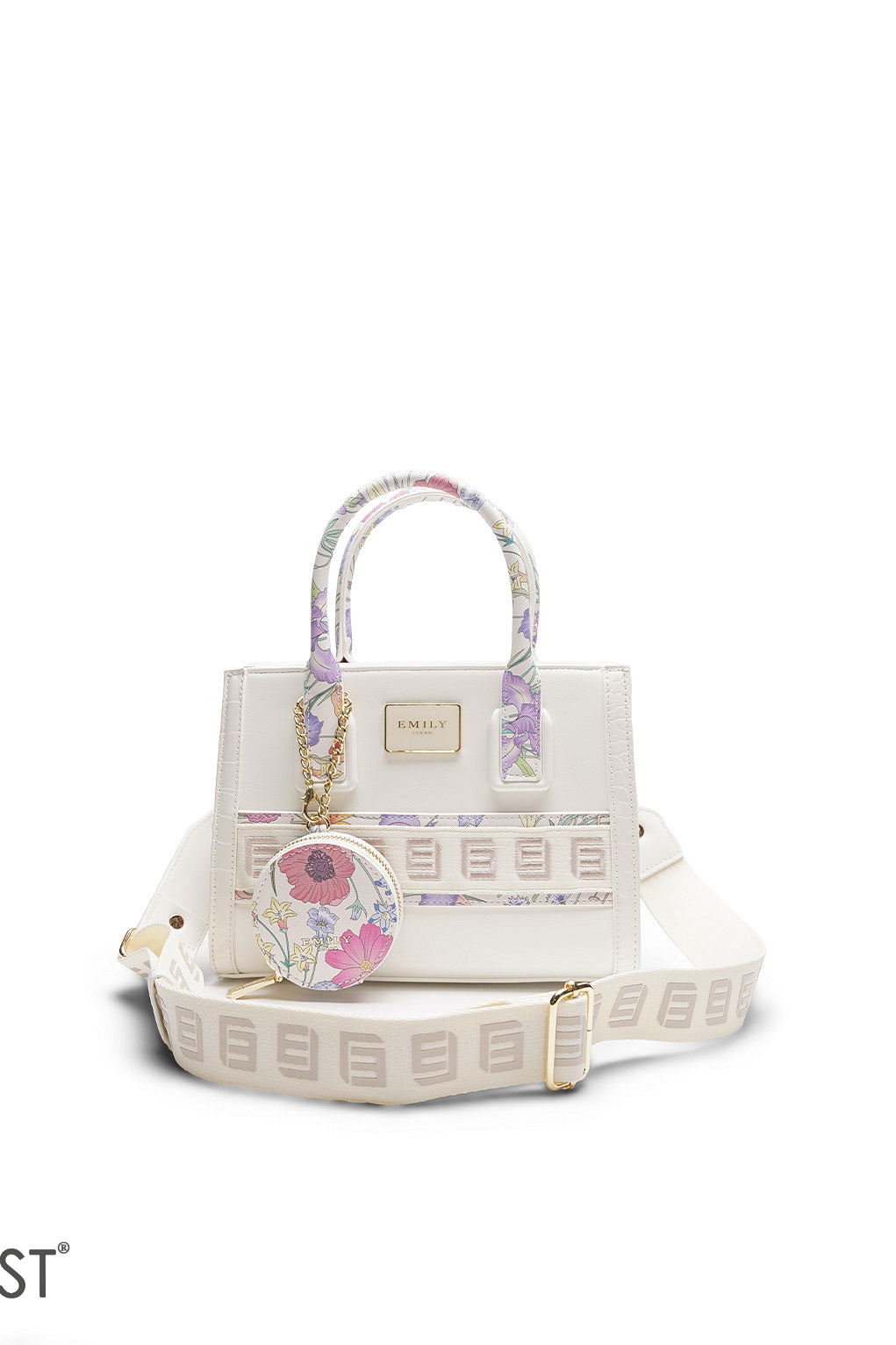 WHITE EMILY FLORAL ACCENT TOTE BAG WITH LOGO STRAP - MED