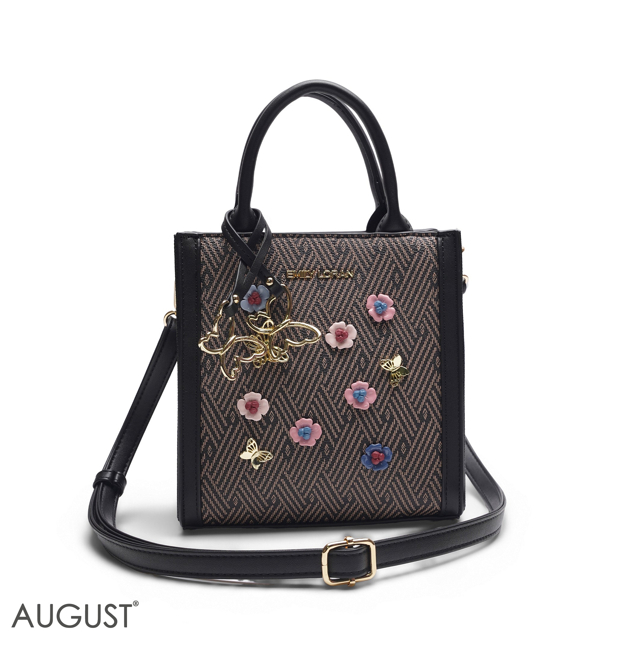 BLACK SQUARE TOTE WITH FLORAL APPLIQUÉS - SMALL
