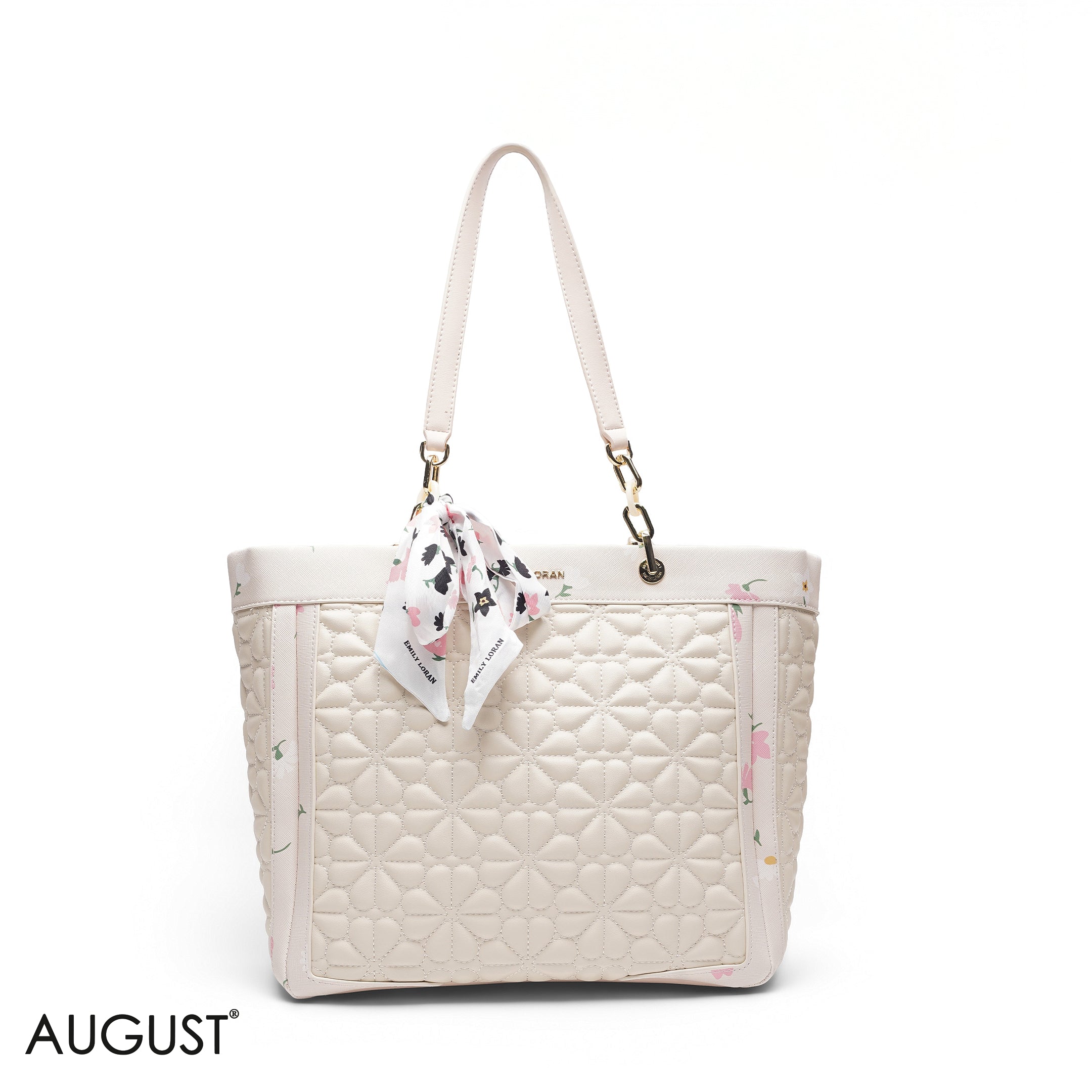 BEIGE TOTE BAG WITH FLORAL SCARF - LARGE