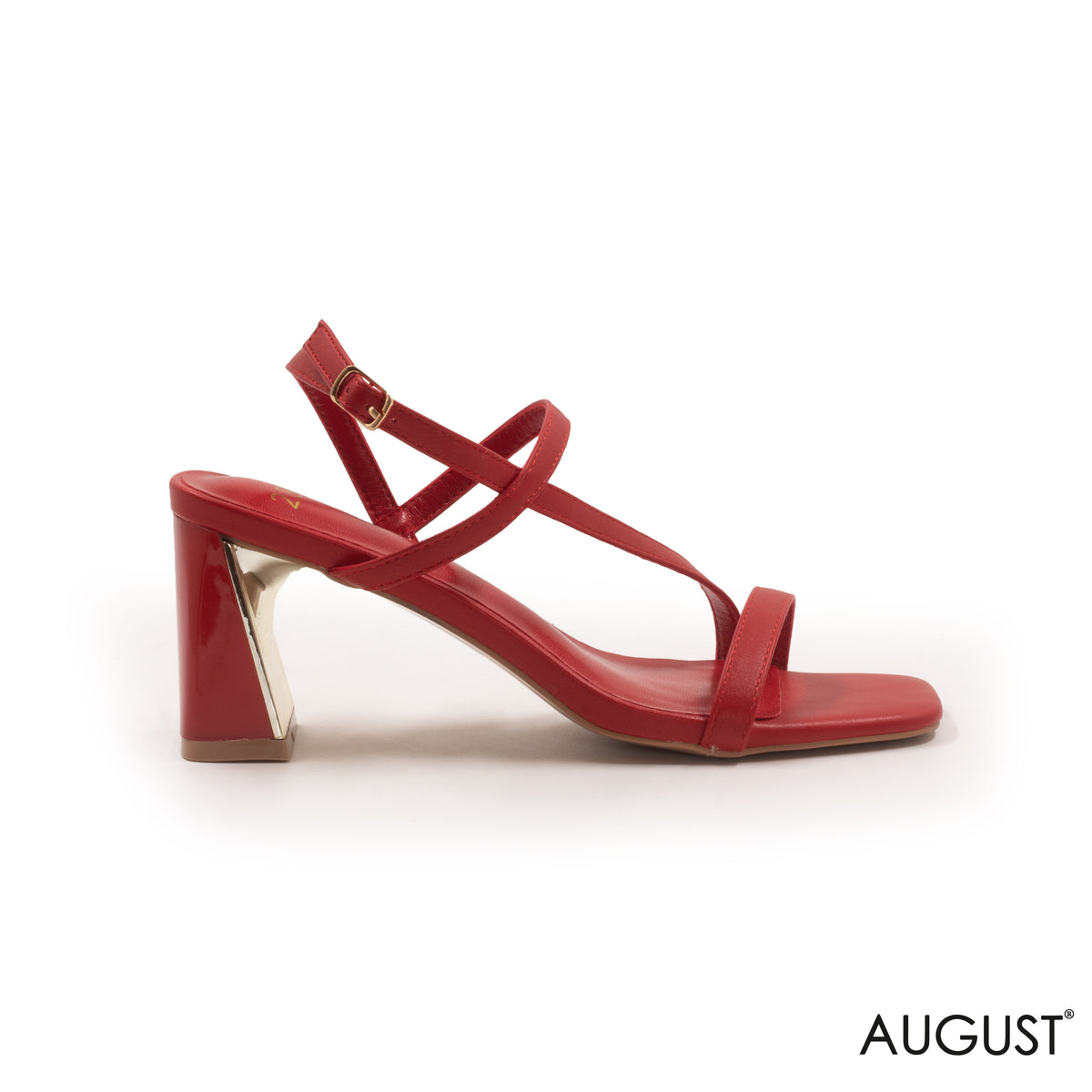 RED STRAPPY BLOCK HEEL SANDAL WITH MINI BUCKLE