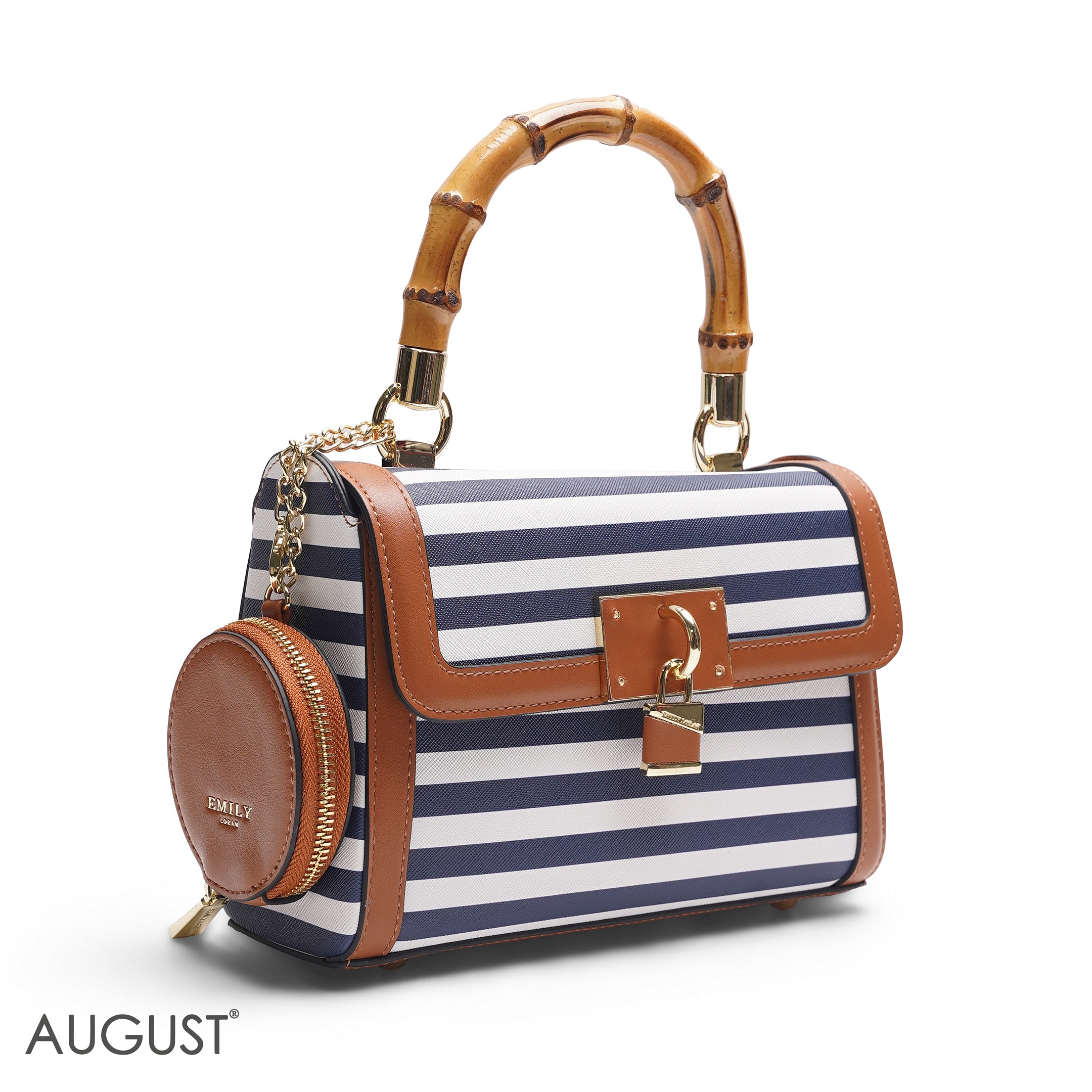 STRIPED BAMBOO HANDLE BAG WITH ROUND POUCH