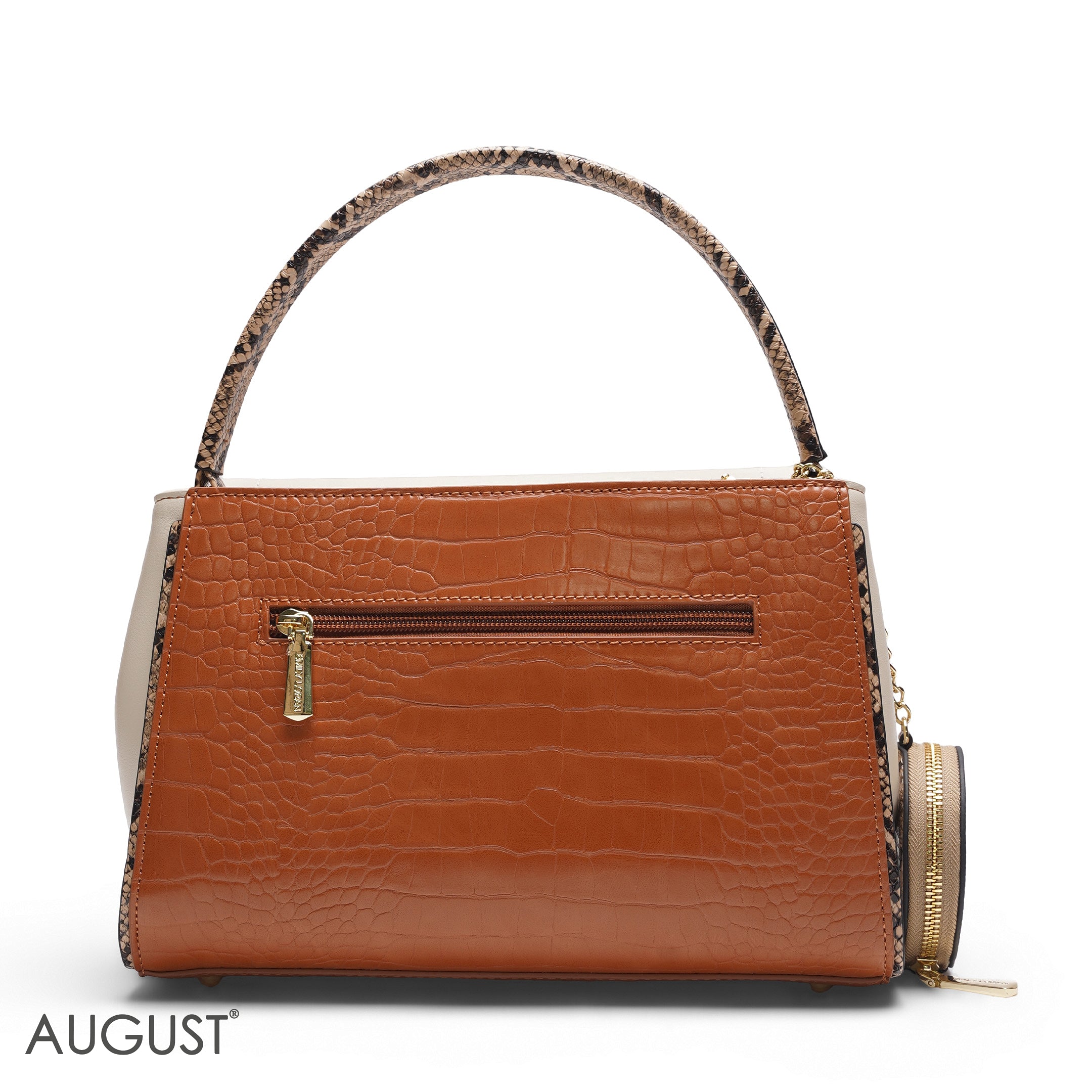 EMILY BEIGE & TAN SNAKESKIN SATCHEL BAG WITH ROUND POUCH - MED