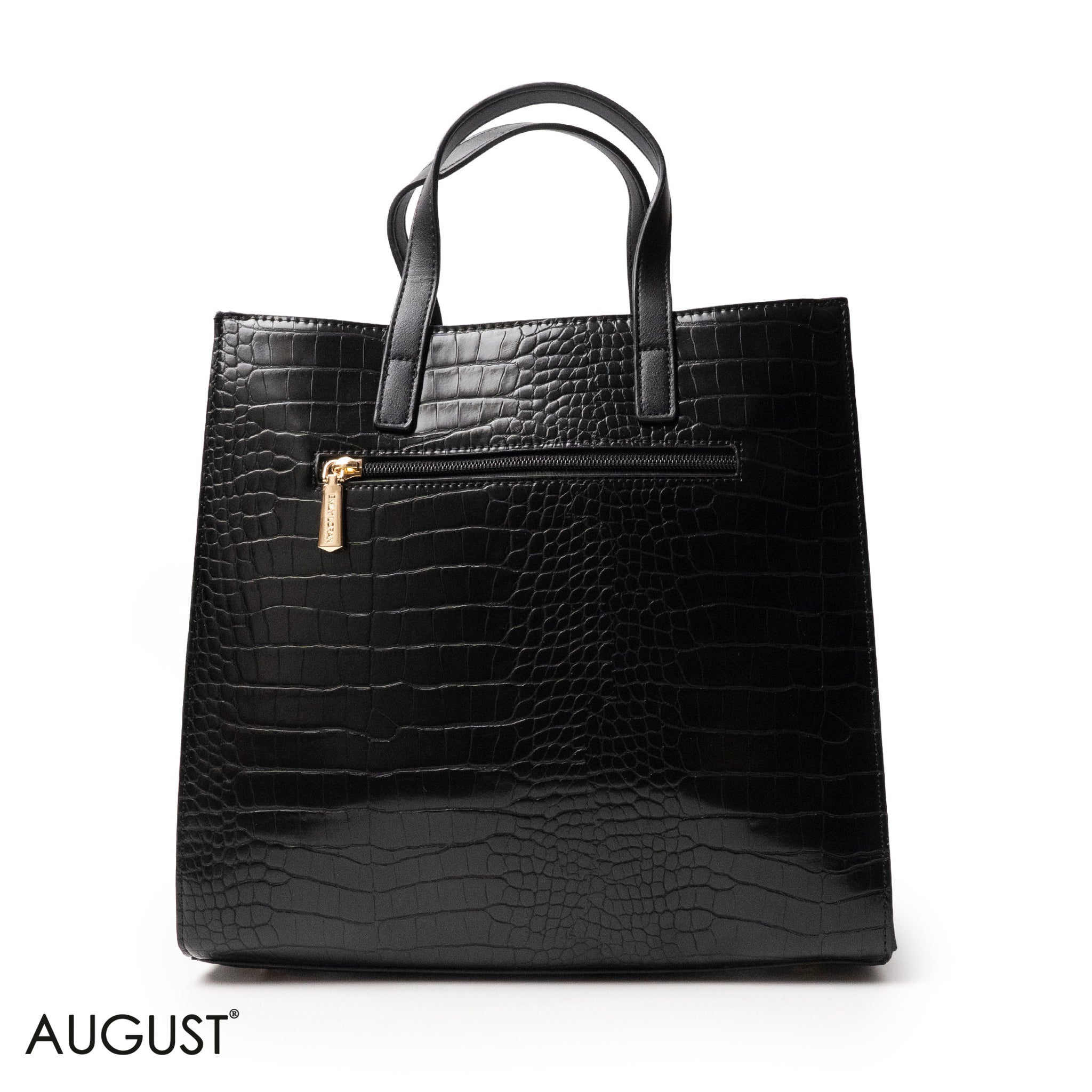 BLACK CROCODILE LEATHER HANDBAG WITH METAL CHAIN - LARGE