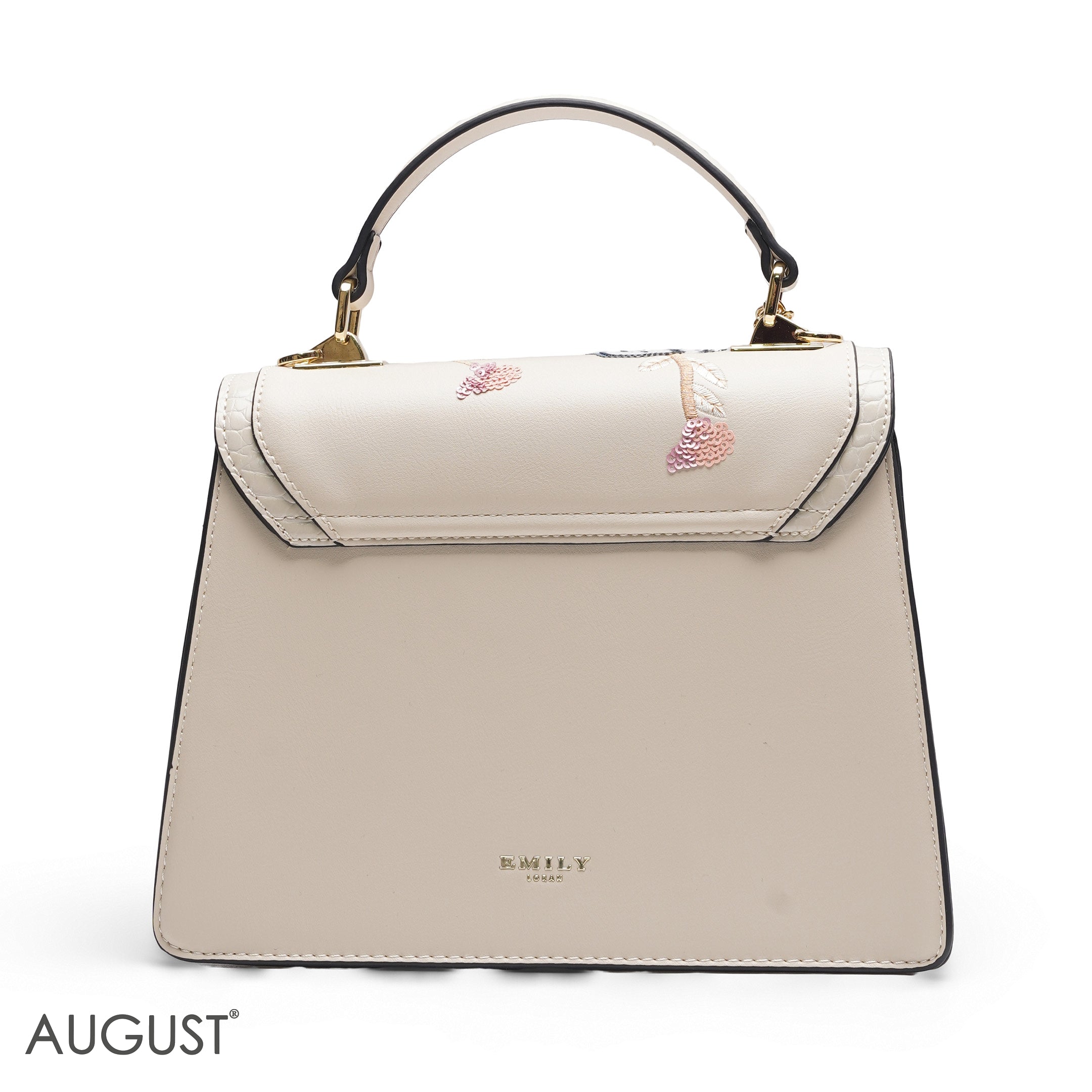 BEIGE SEQUIN FLORAL SATCHEL WITH ROUND POUCH