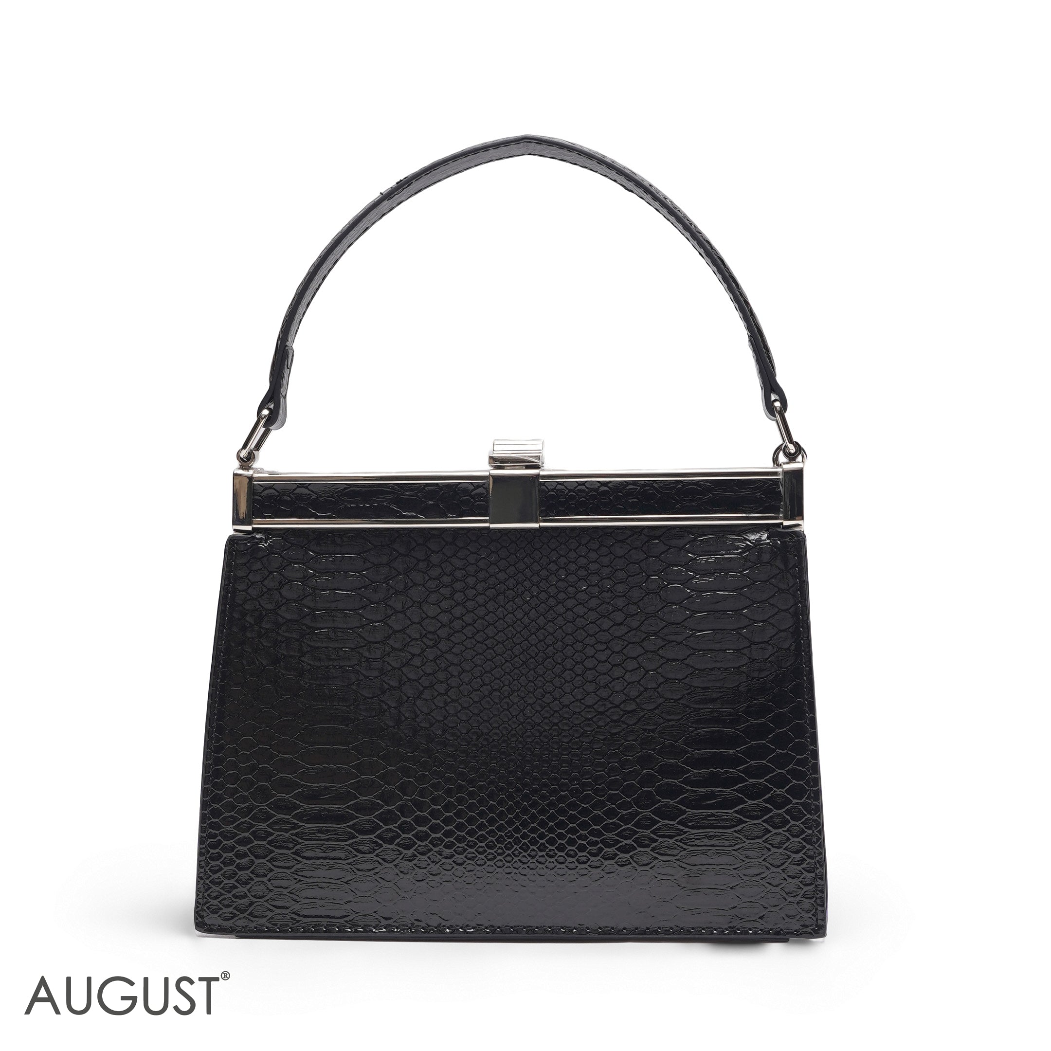 EMILY SOLID BLACK SNAKESKIN FRAME BAG WITH MINI POUCH - MED