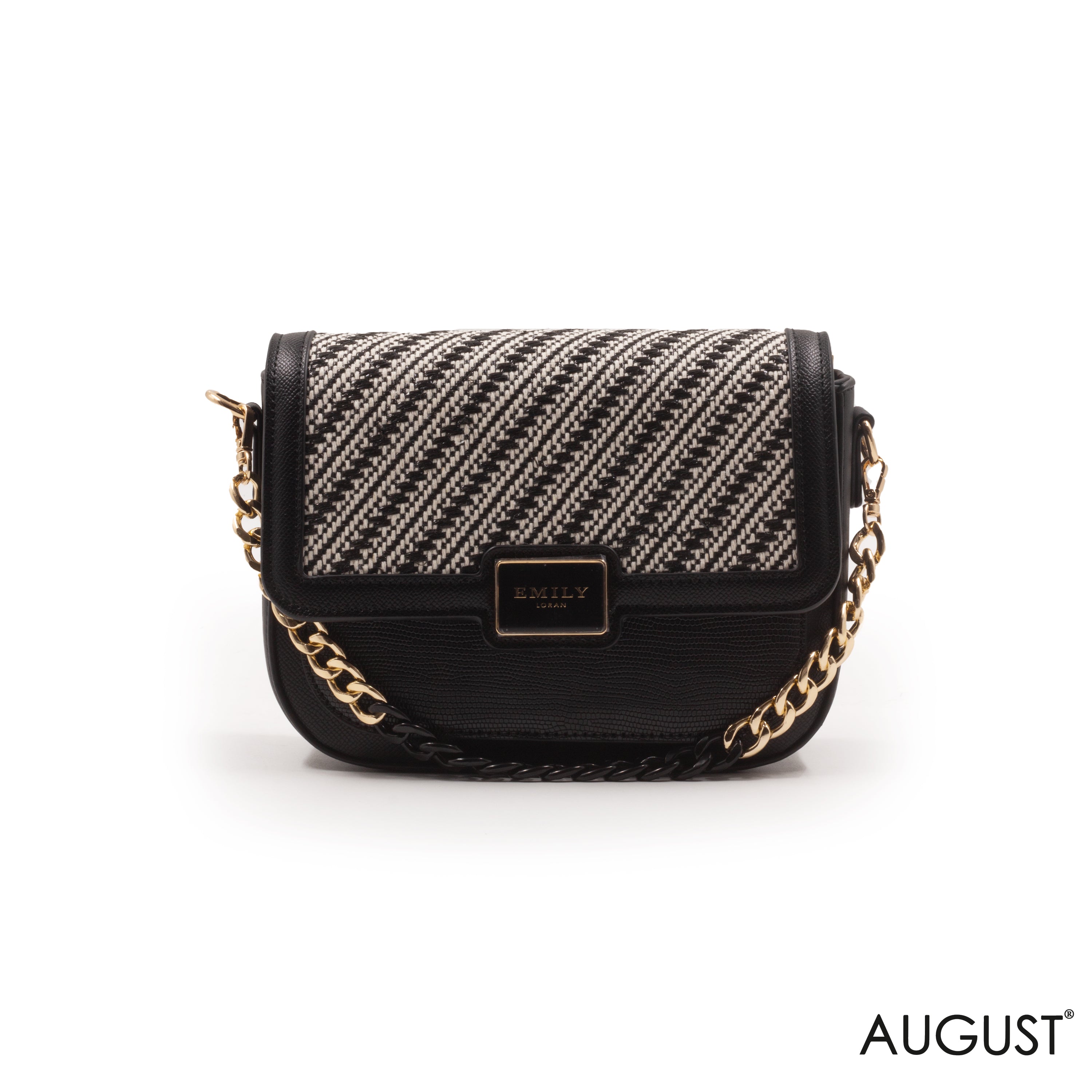 BLACK WOVEN FABRIC CROSSBODY BAG WITH METAL CHAIN-SMALL
