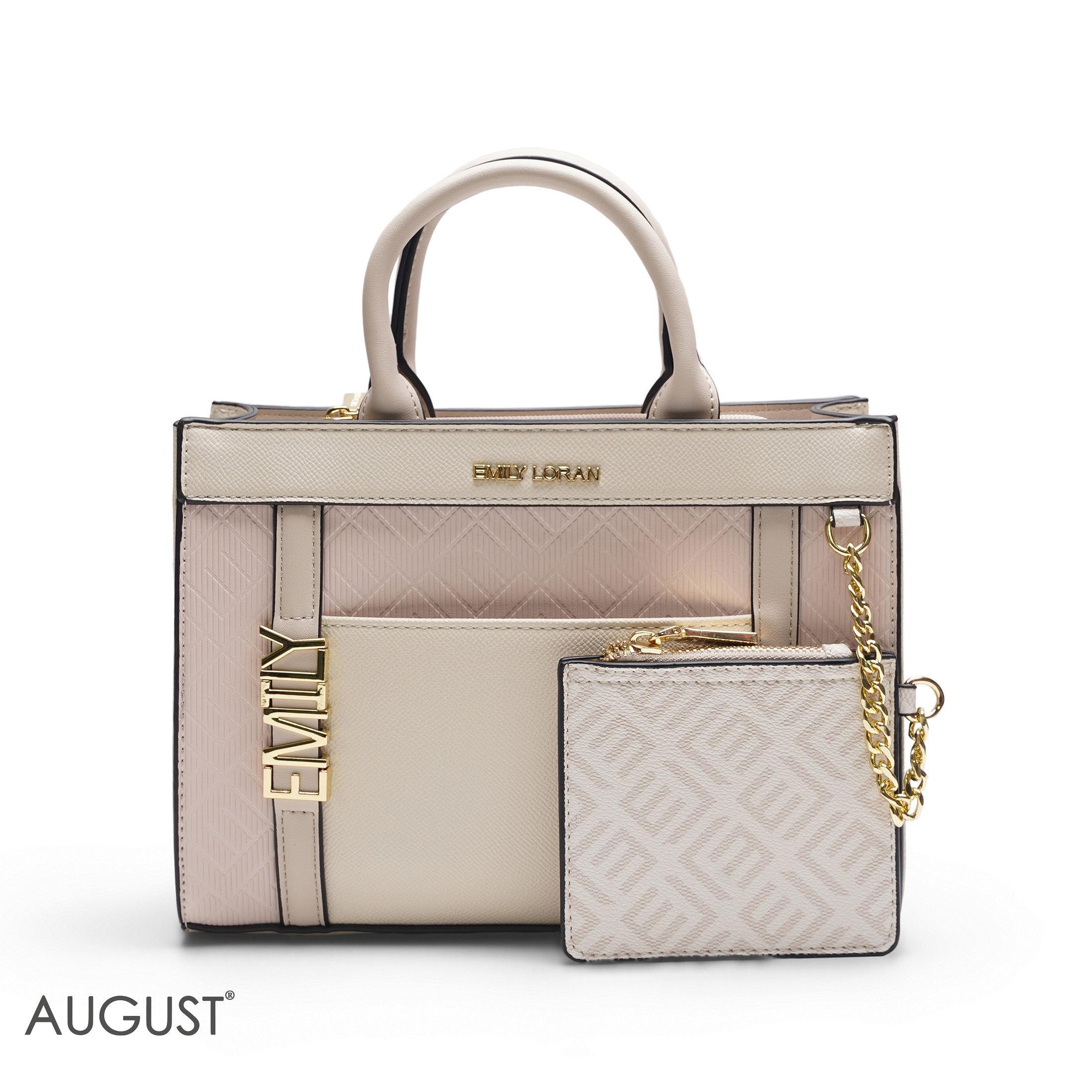 EMILY BEIGE & PINK EMBOSSED TOTE BAG - MED