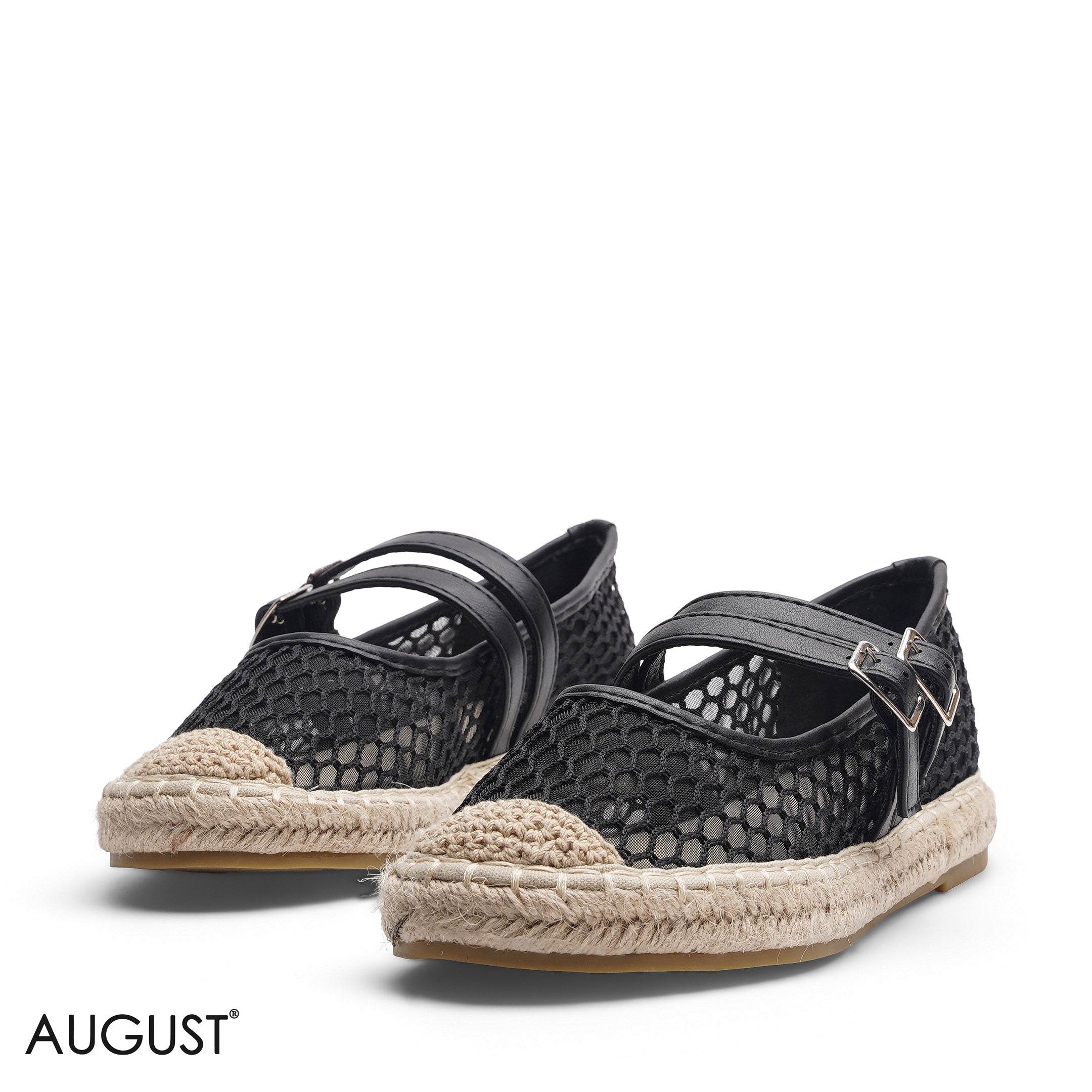 BLACK STRAPPED MESH ESPADRILLE FLATS