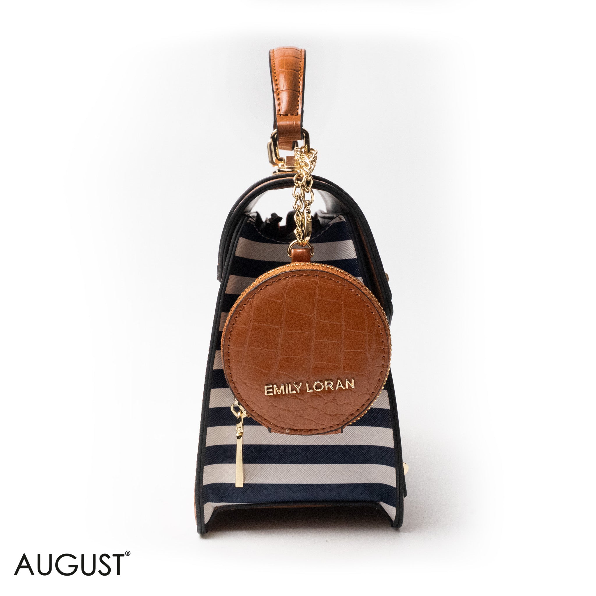 STRIPED NAVY LEATHER HANDBAG WITH FLAP - MED