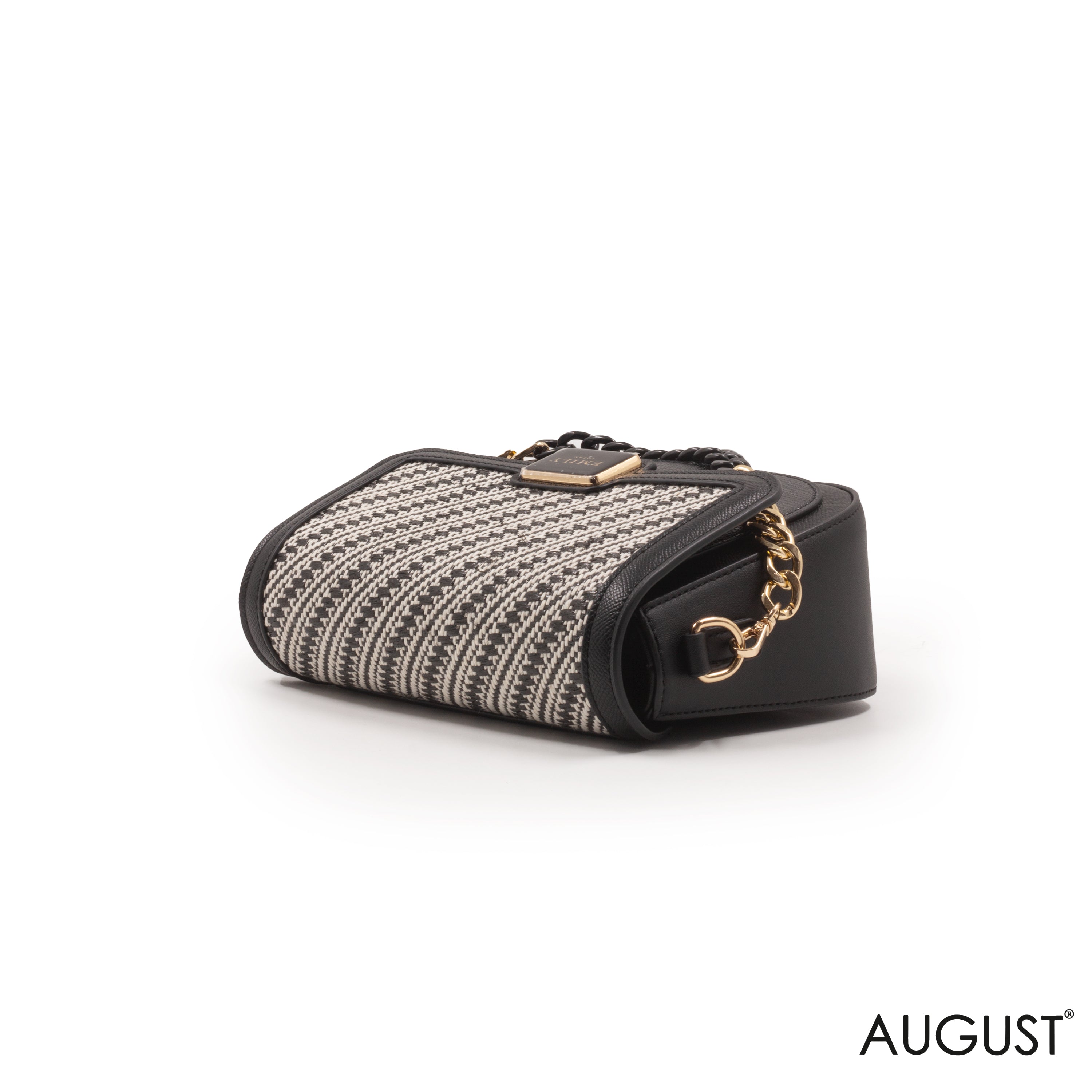 BLACK WOVEN FABRIC CROSSBODY BAG WITH METAL CHAIN-SMALL