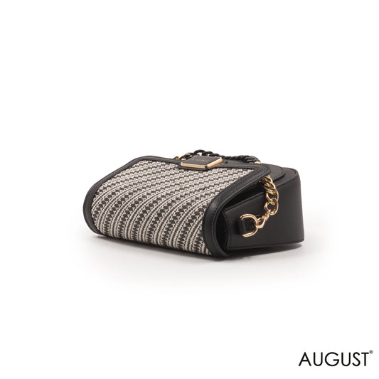 BLACK WOVEN FABRIC CROSSBODY BAG WITH METAL CHAIN-SMALL