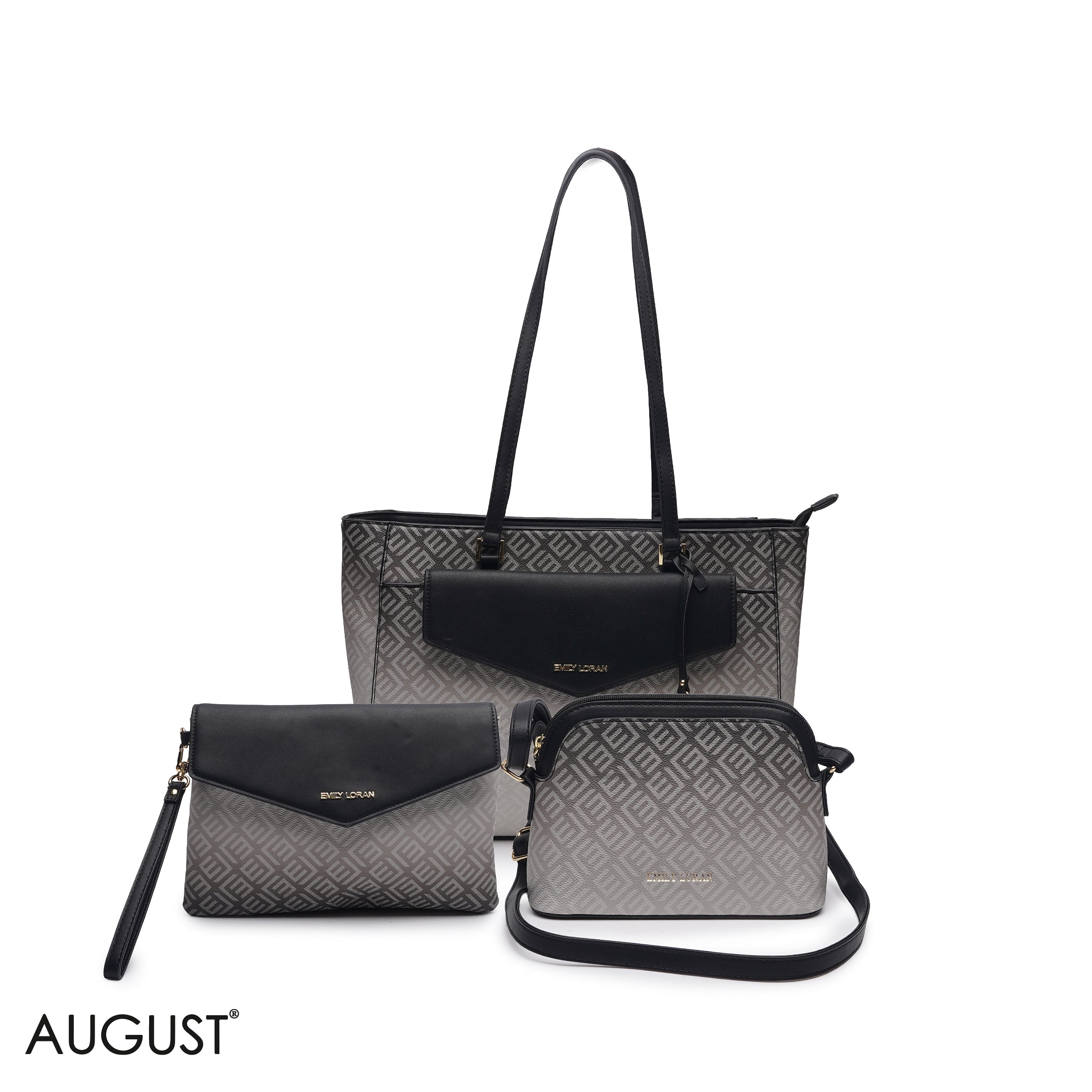 BLACK MONOGRAM PRINT THREE PIECE MATCHING BAG SET