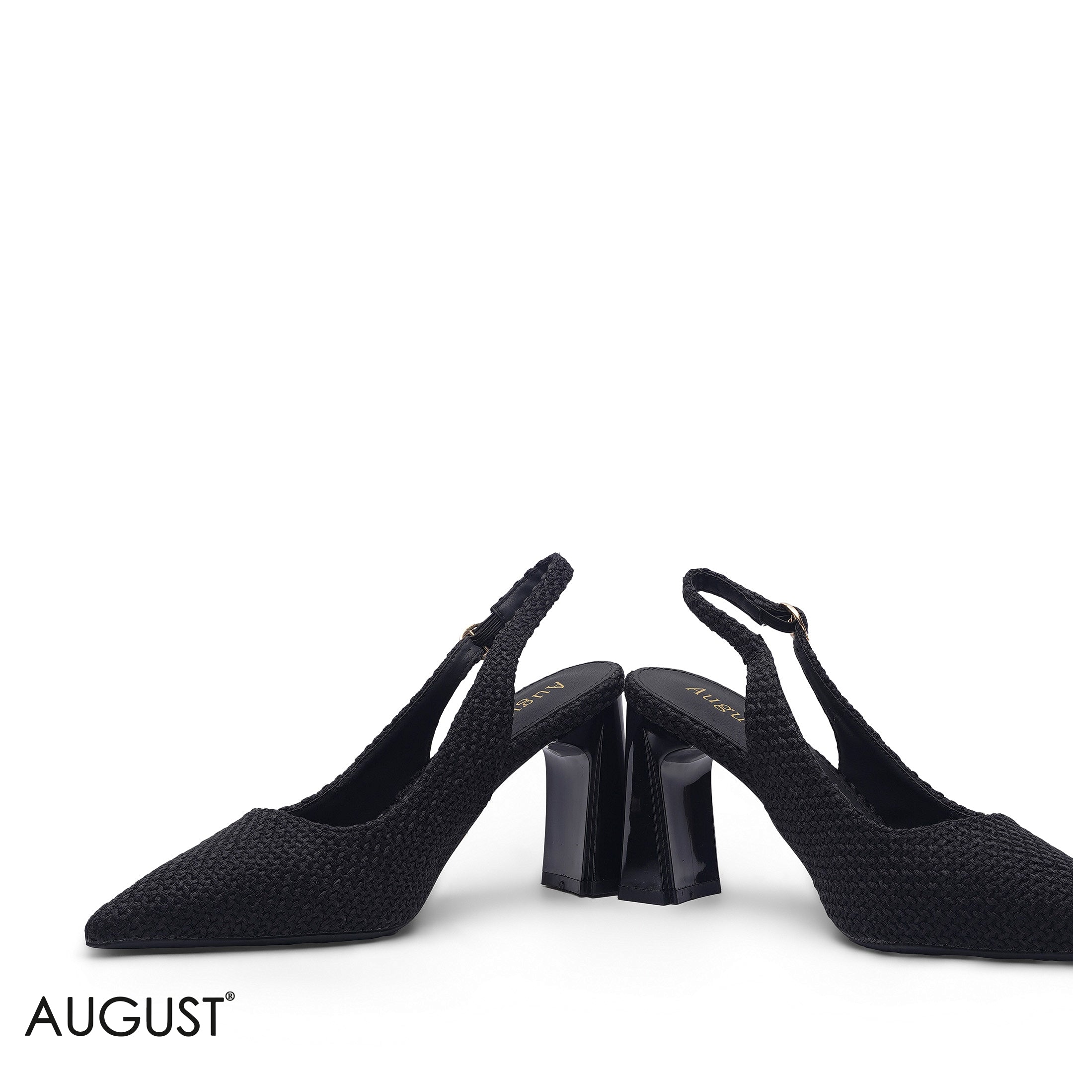 BLACK WOVEN TEXTURE POINTED TOE BLOCK HEEL