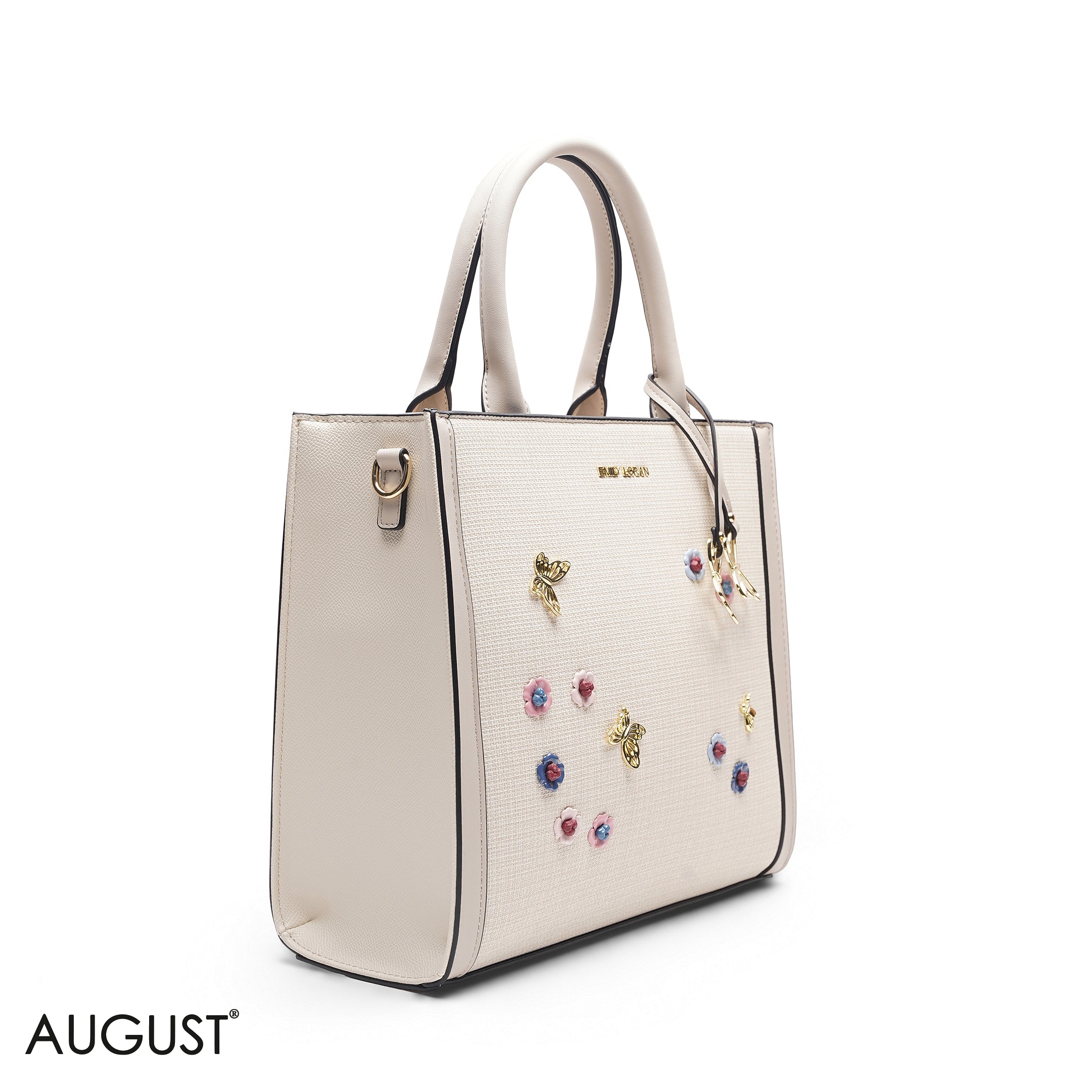 BEIGE SQUARE TOTE WITH FLORAL APPLIQUÉS - LARGE