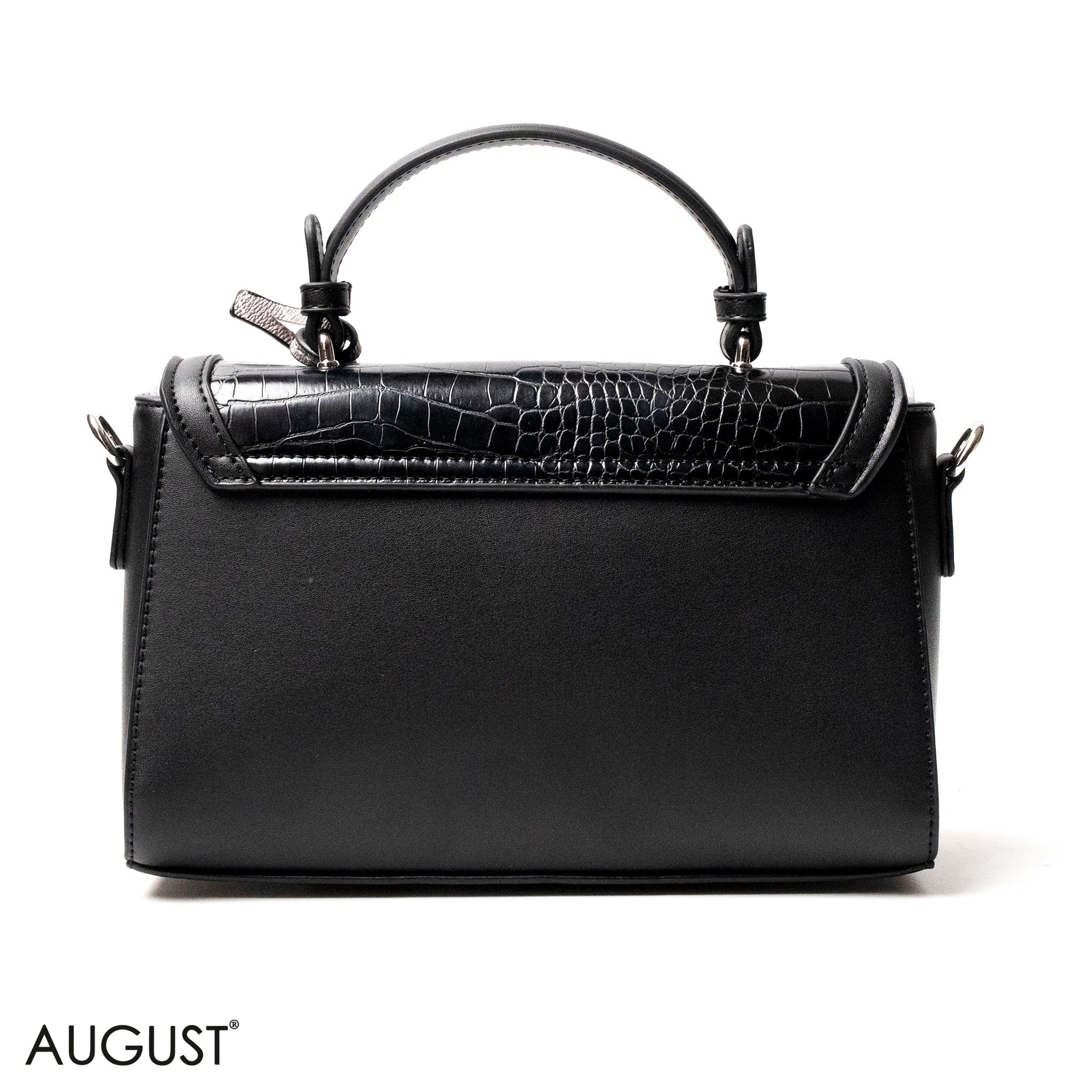 BLACK LEATHER HANDBAG WITH CROC,BUTTERFLIES DETAILS-MED