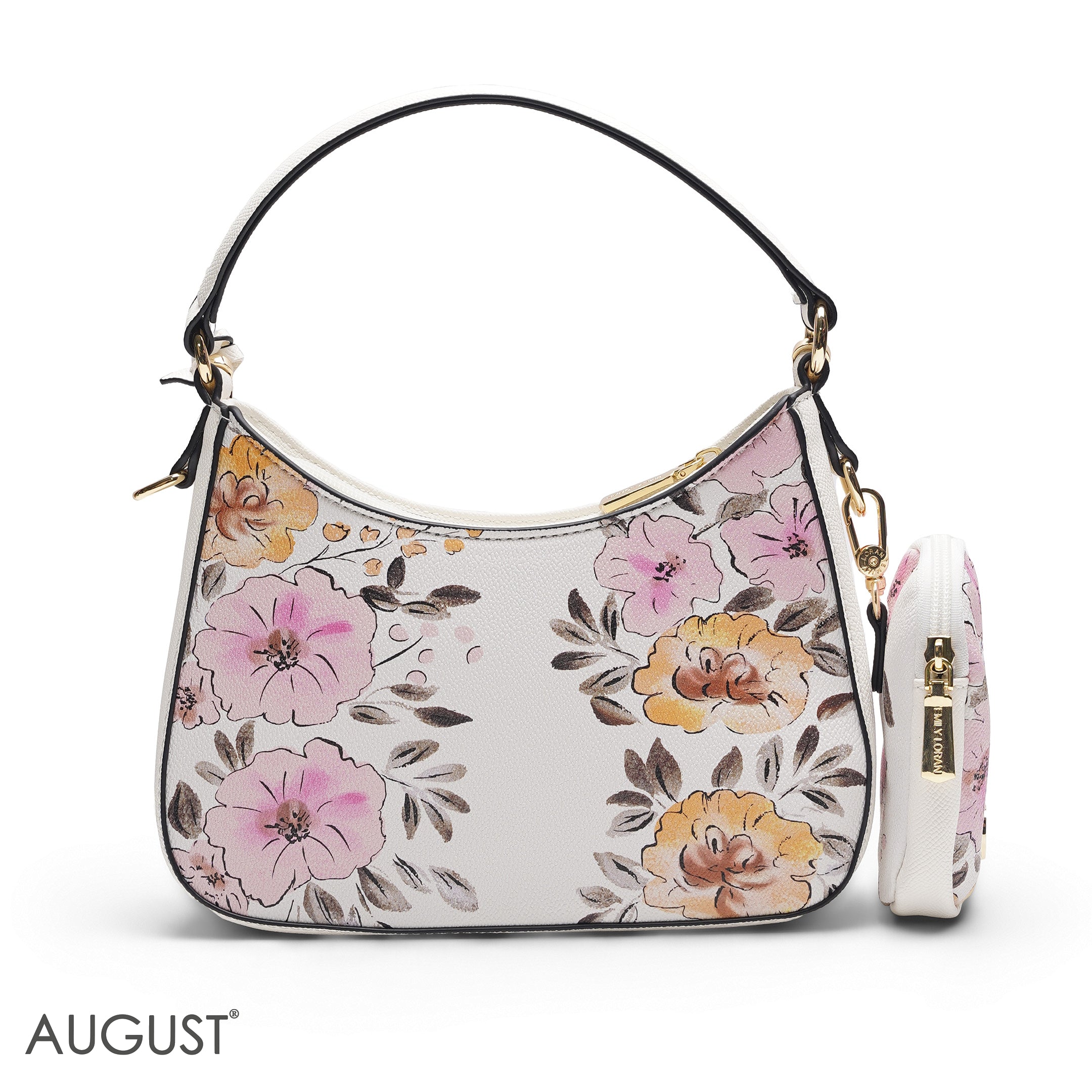 WHITE FLORAL HOBO BAG WITH SIDE POUCH (PINK & ORANGE)