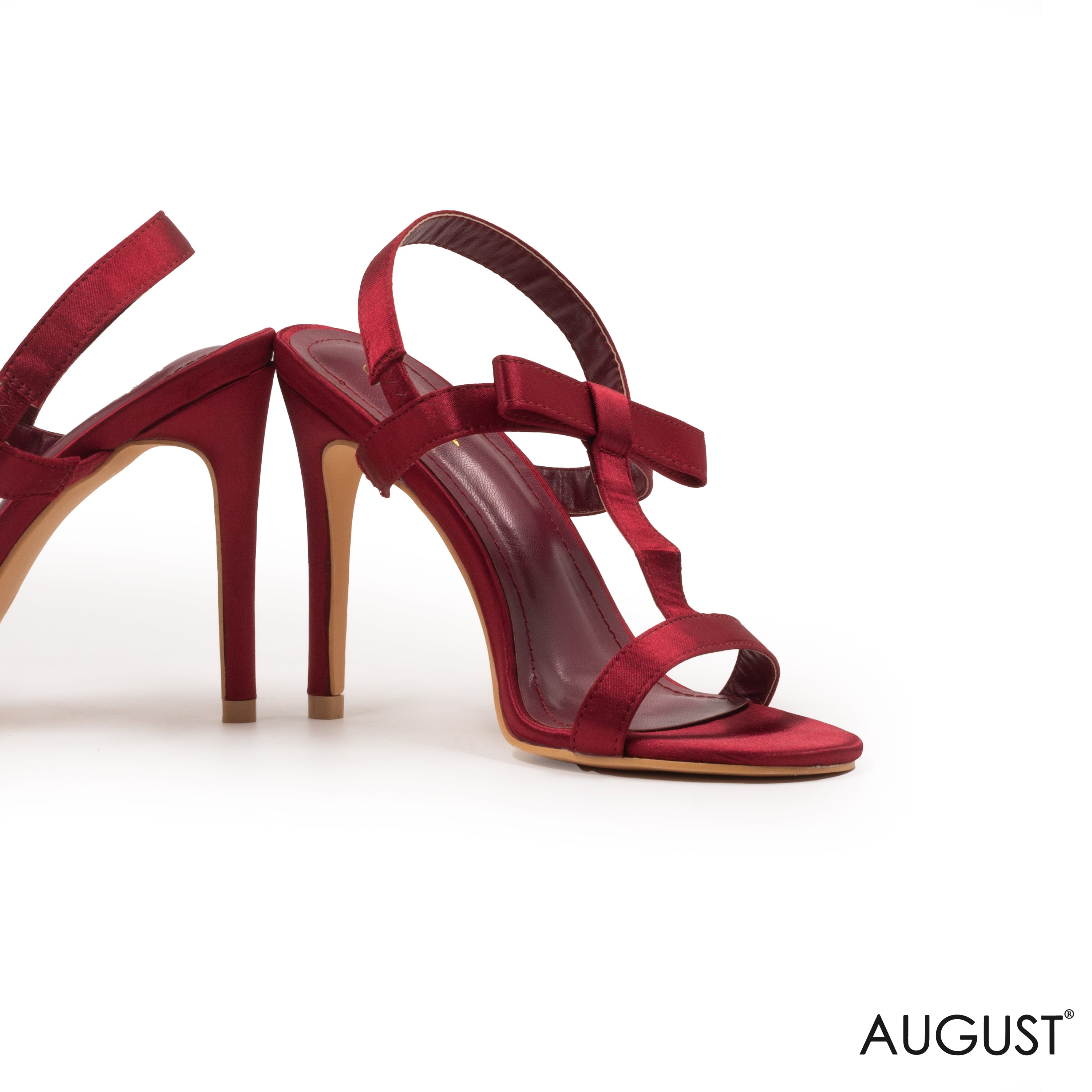 BURGUNDY SATIN SLINGBACK HEELED SANDALS