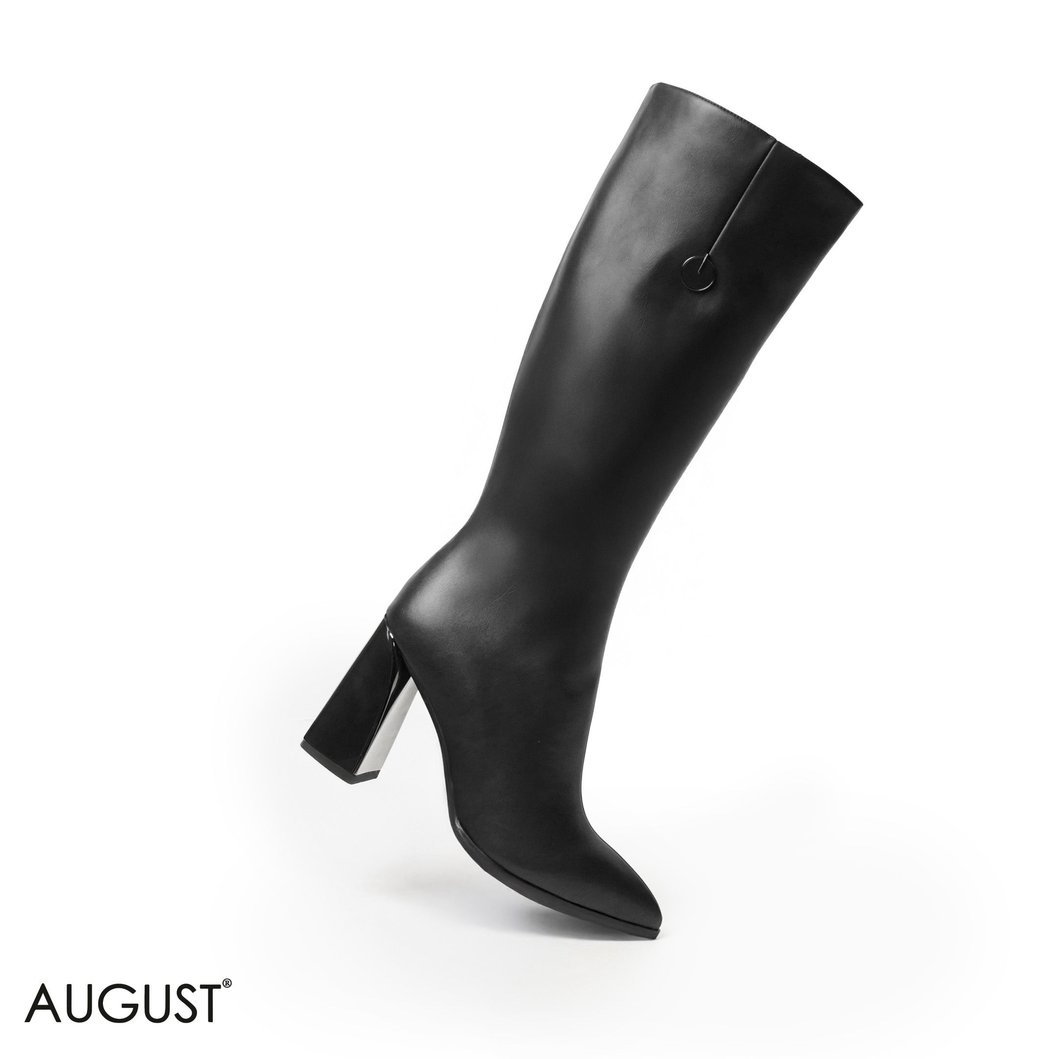 BLACK LEATHER HEELED LONG BOOTS WITH SIDE ZIPPER