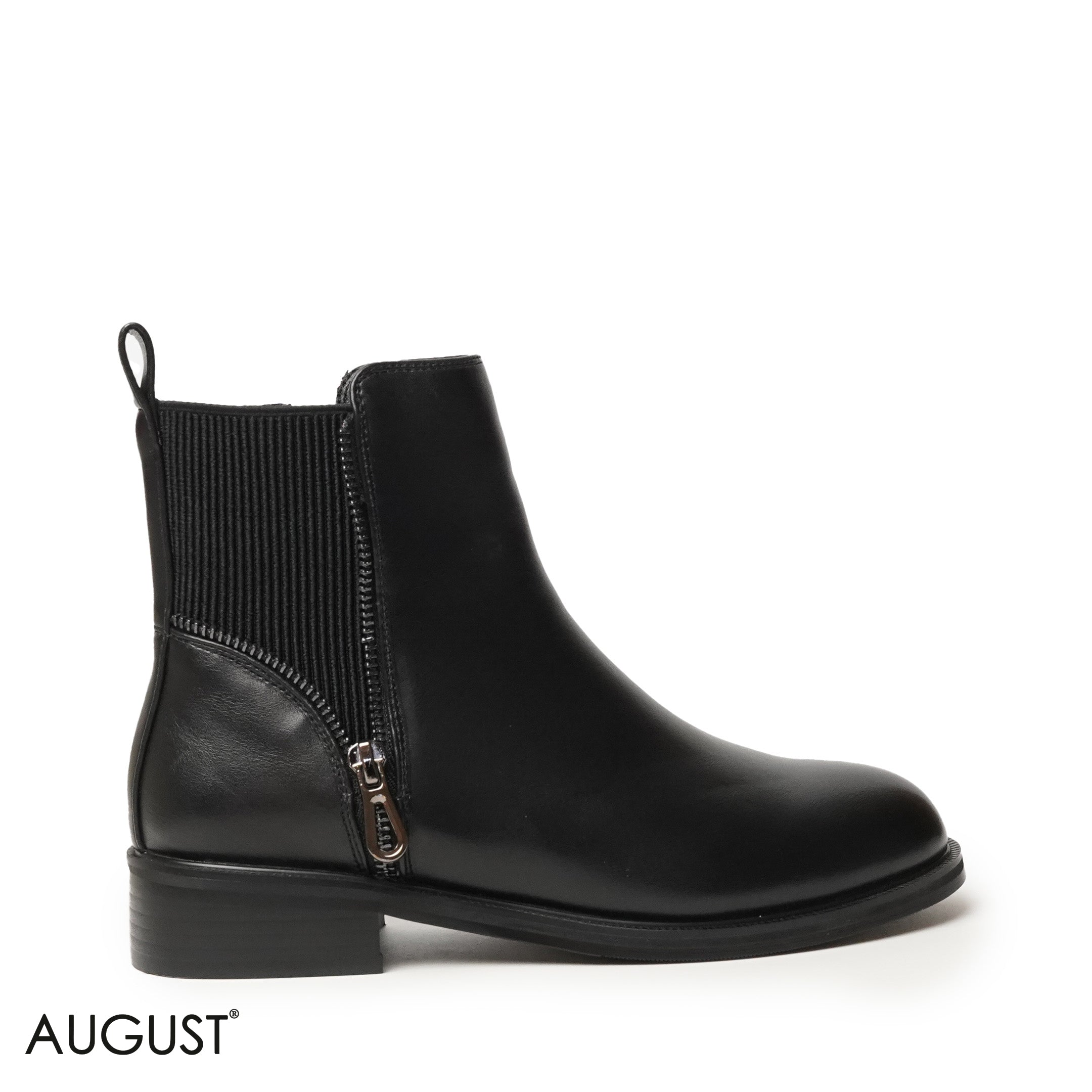 BLACK LEATHER ANKLE BOOTS WITH ZIPPER DETAIL