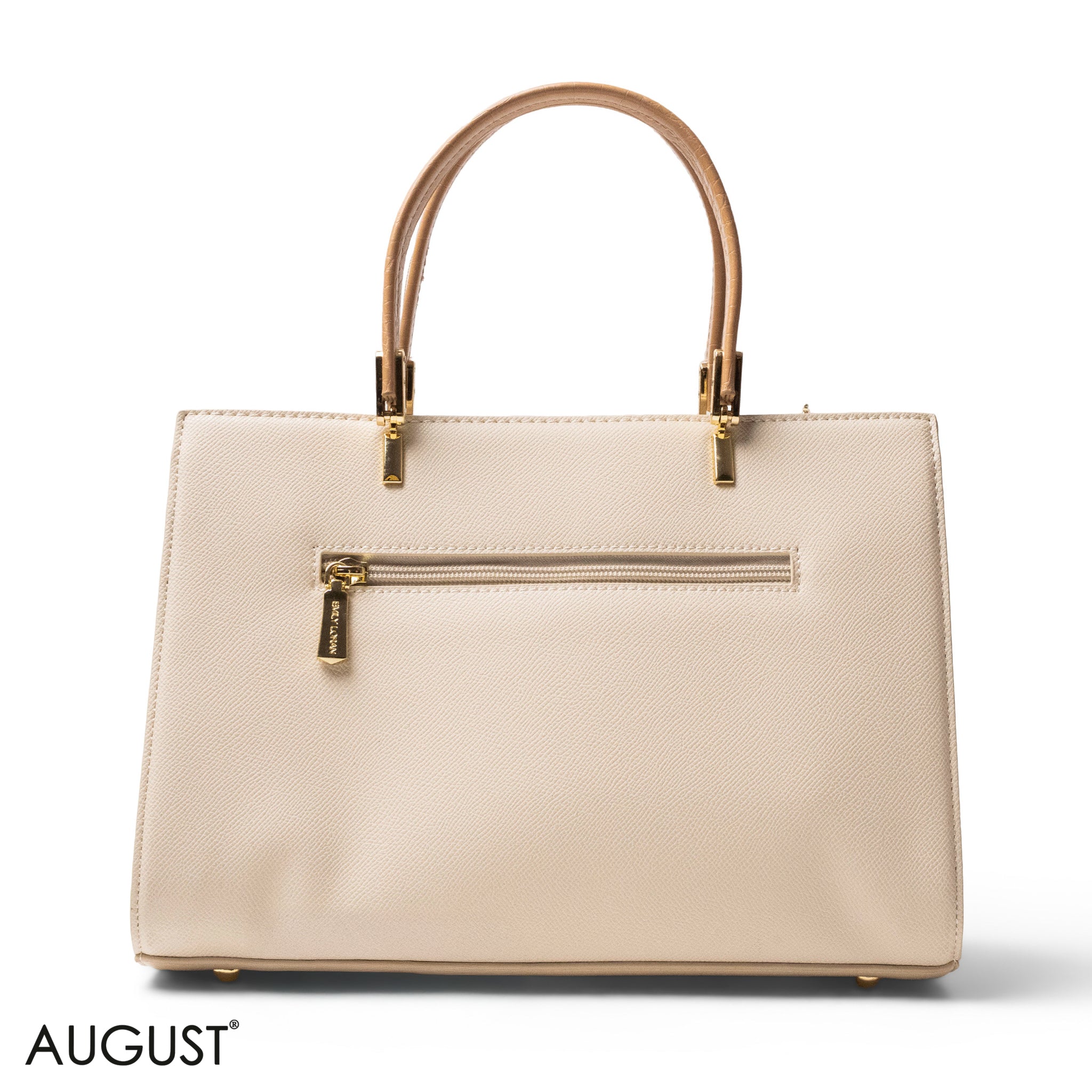 BEIGE LEATHER SMOOTH HANDBAG WITH CROC DETAILS-LARGE