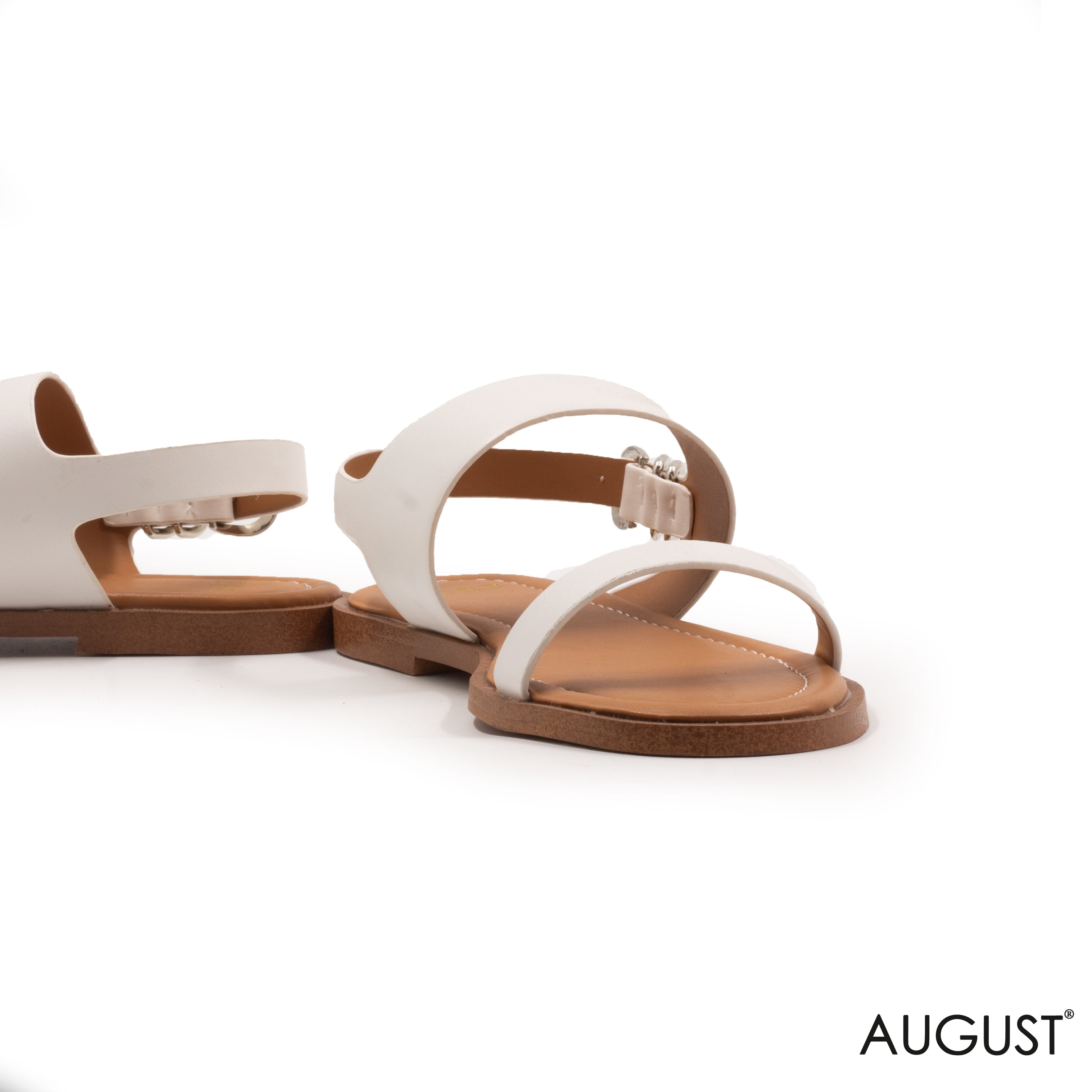 SMOOTH WHITE LEATHER FLAT SANDALS WITH BUCKLED