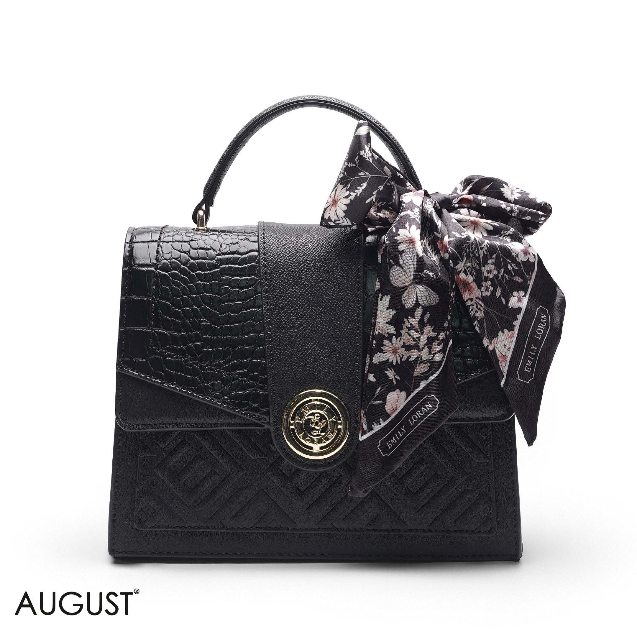 CROC EMBOSSED SCARF BLACK TOP HANDLE BAG