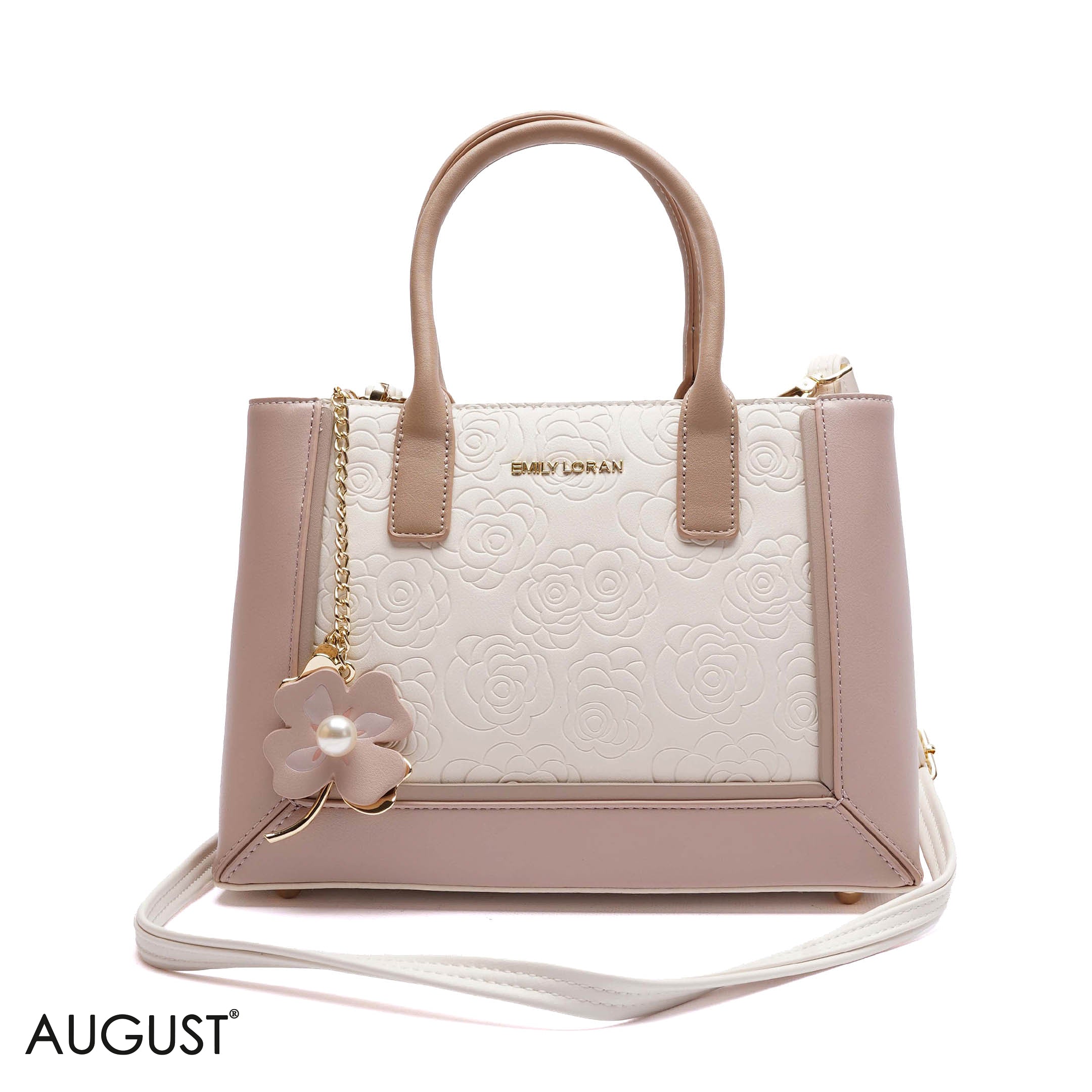 EMBOSSED FLORAL HANDBAG WITH FLOWER CHARM