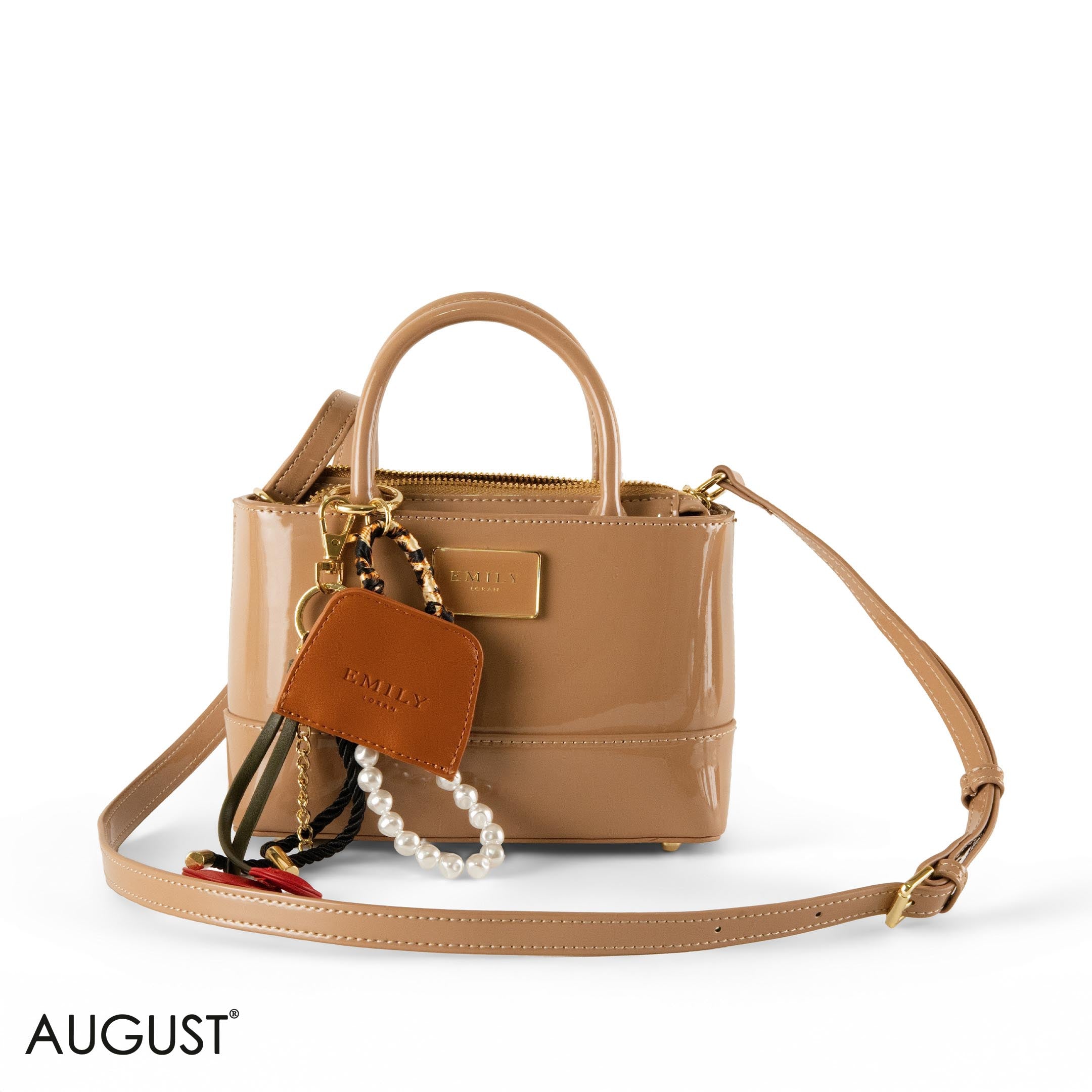 CAPPUCCINO GLOSSY LEATHER HANDBAG WITH ACCESSORIES- SMALL