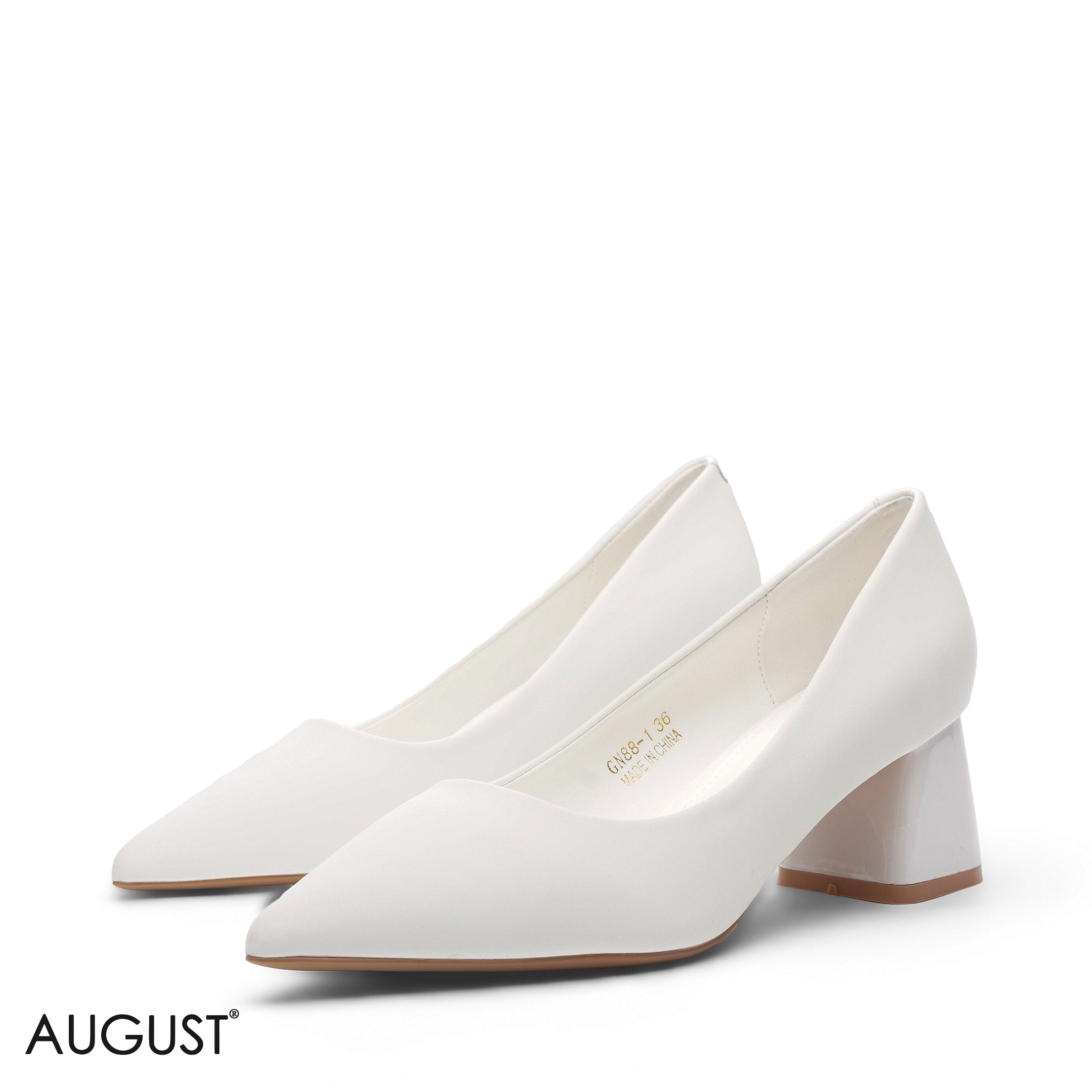 WHITE SMOOTH MATTE LEATHER POINTED BLOCK HEEL