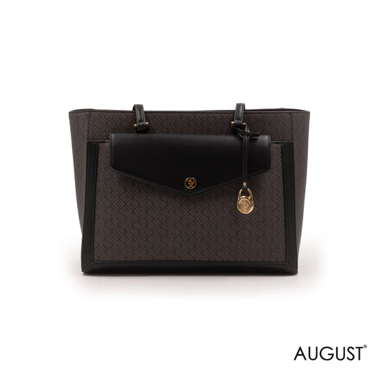 BLACK LEATHER MONOGRAM TOTE WITH FRONT POUCH -LARGE