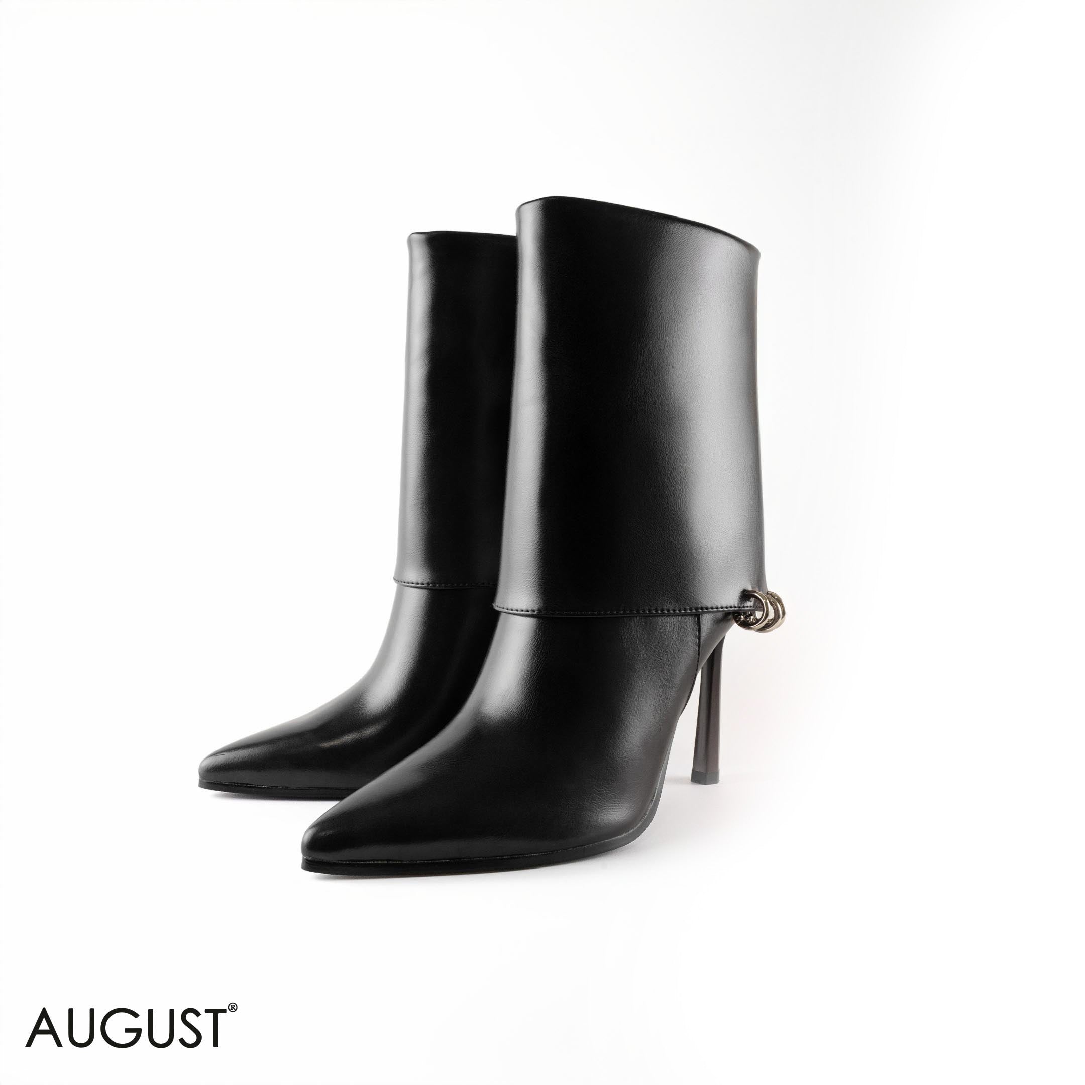 BLACK LEATHER STILETTOS HEELED BOOTS WITH METAL- RINGS DETAIL