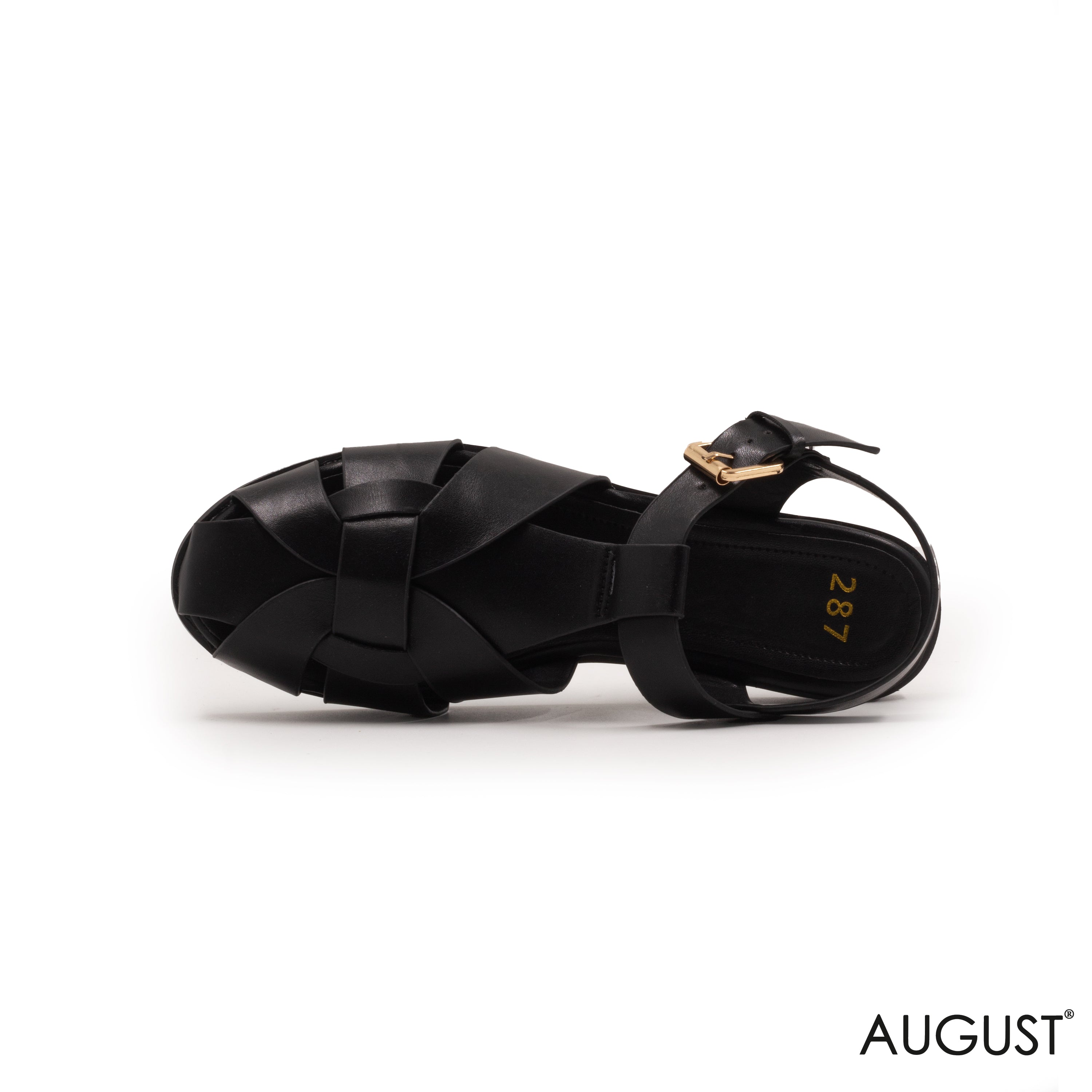 BLACK LEATHER FLAT SANDALS WITH BRAIDED STRAP