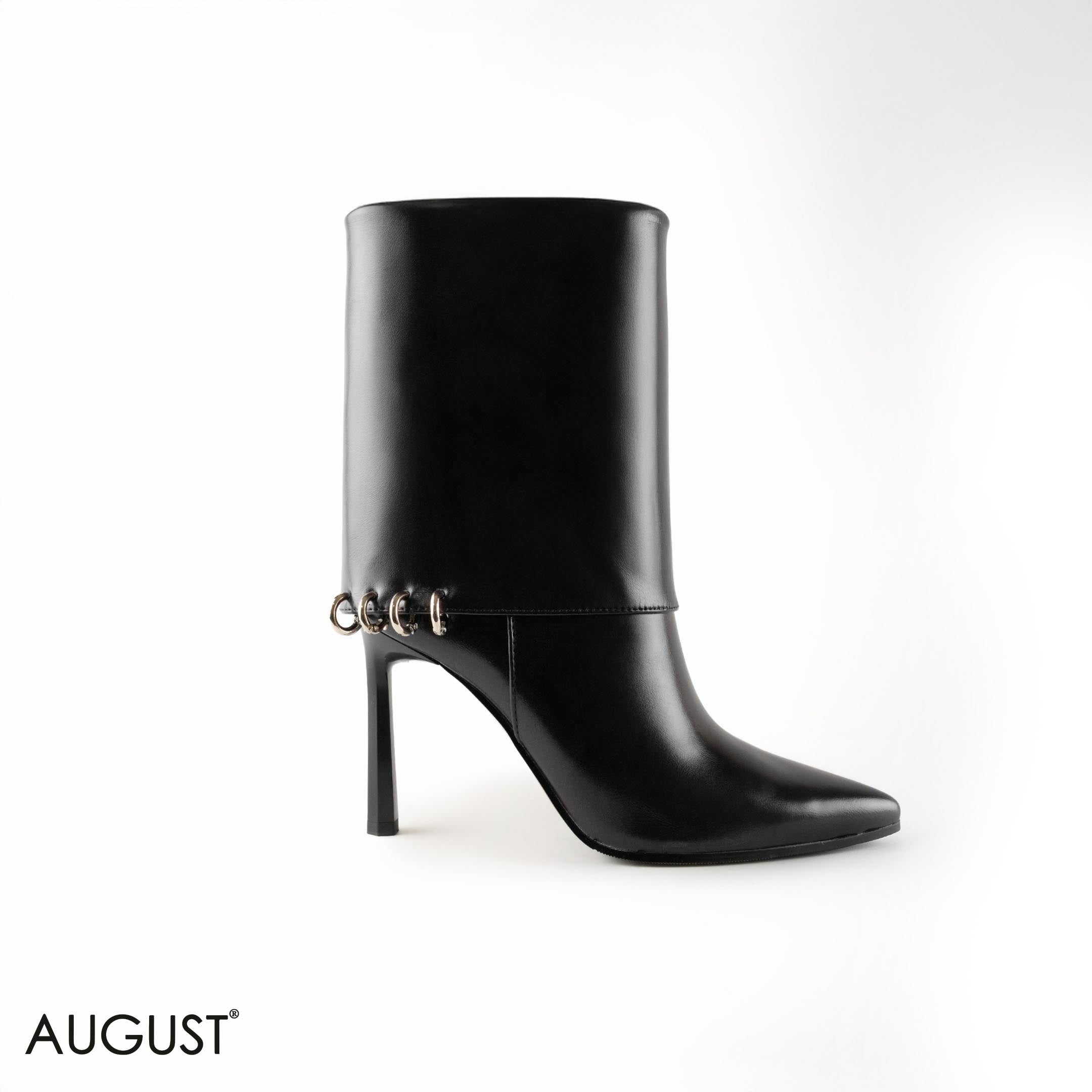 BLACK LEATHER STILETTOS HEELED BOOTS WITH METAL- RINGS DETAIL