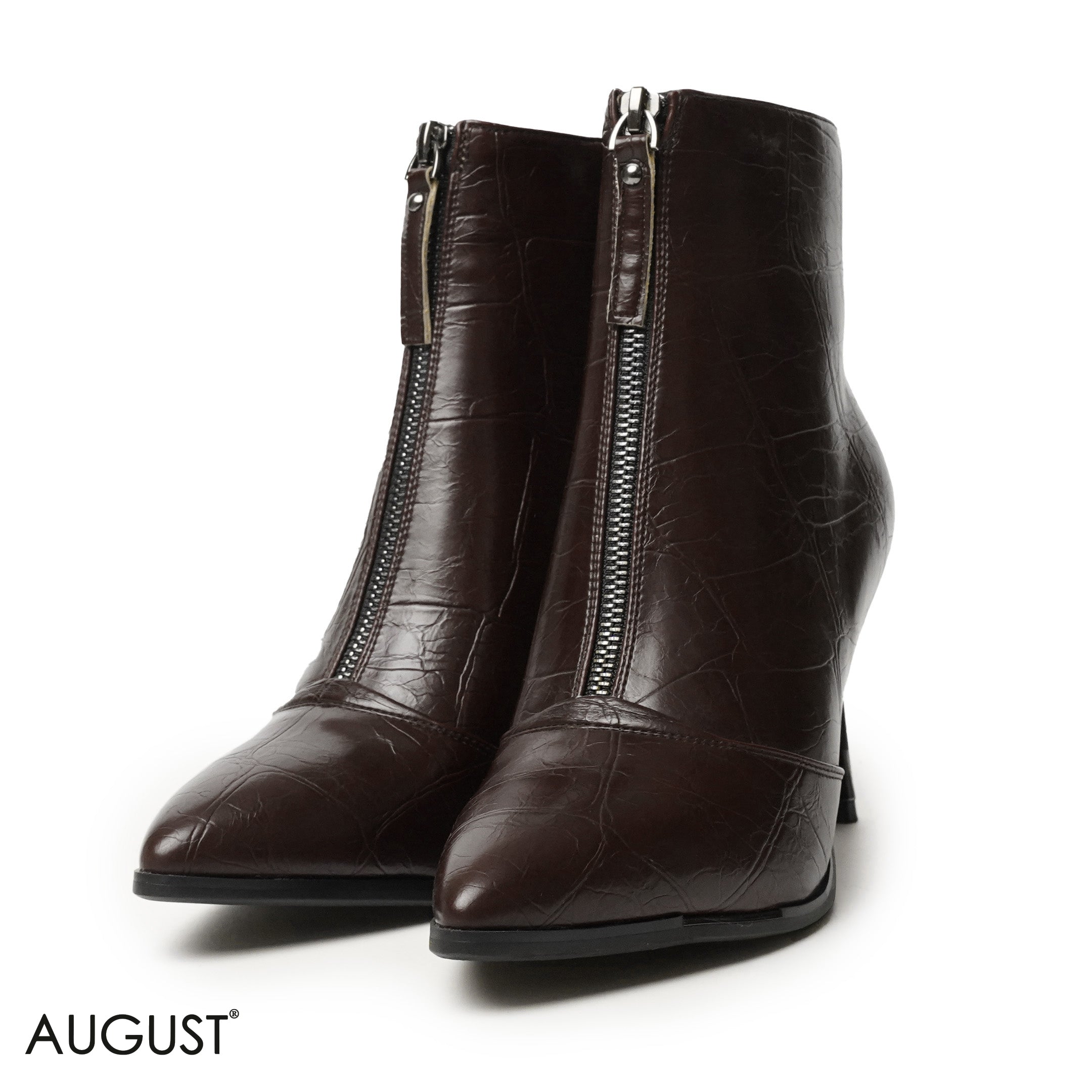 BROWN LEATHER HEELED ANKLE BOOTS WITH FRONT ZIPPER